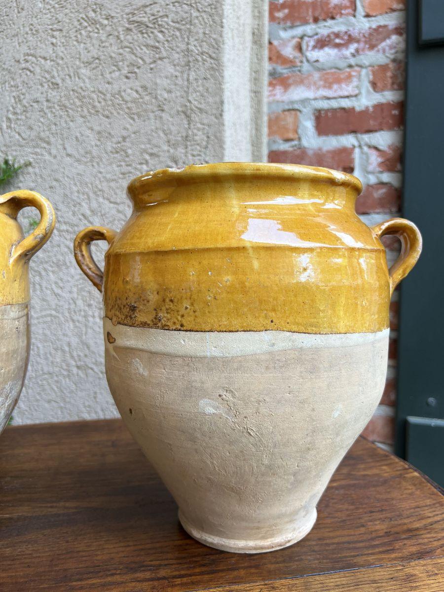 19th Century Pair Set 2 French Confit Pot Yellow Glazed Pottery Provincial For Sale 1