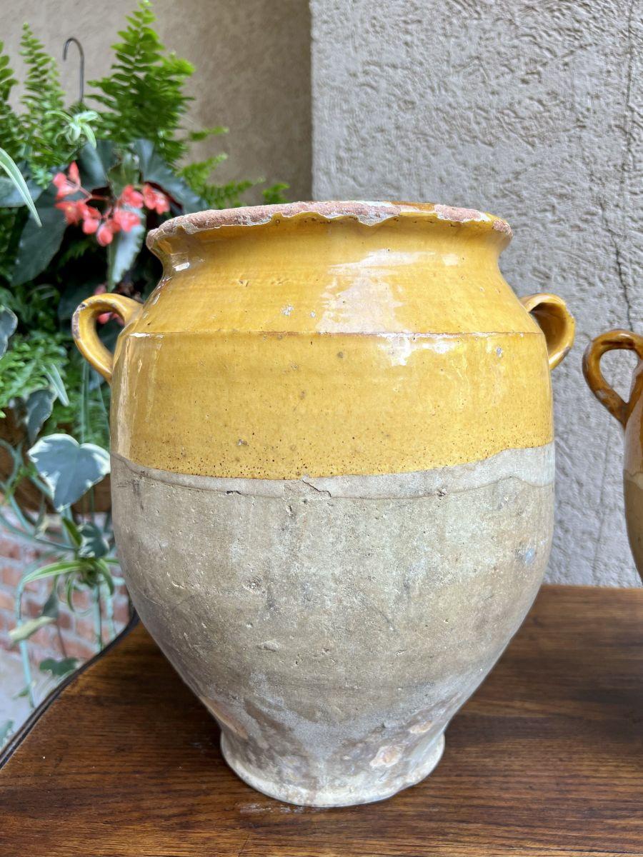 Antique Pair Set 2 French Confit Pot Yellow Glazed Pottery Provincial c1880 For Sale 2