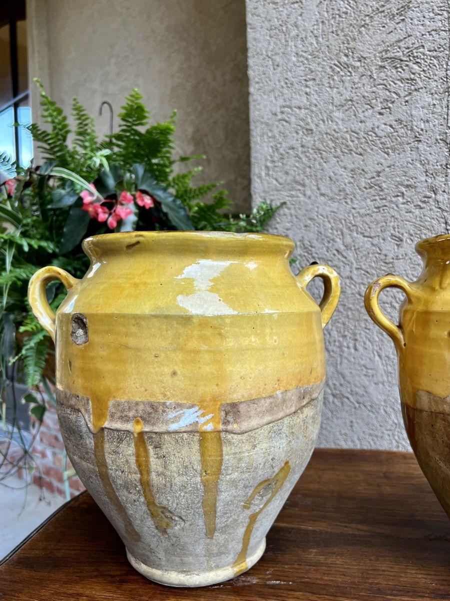 19th Century Pair Set 2 French Confit Pot Yellow Glazed Pottery Provincial 4