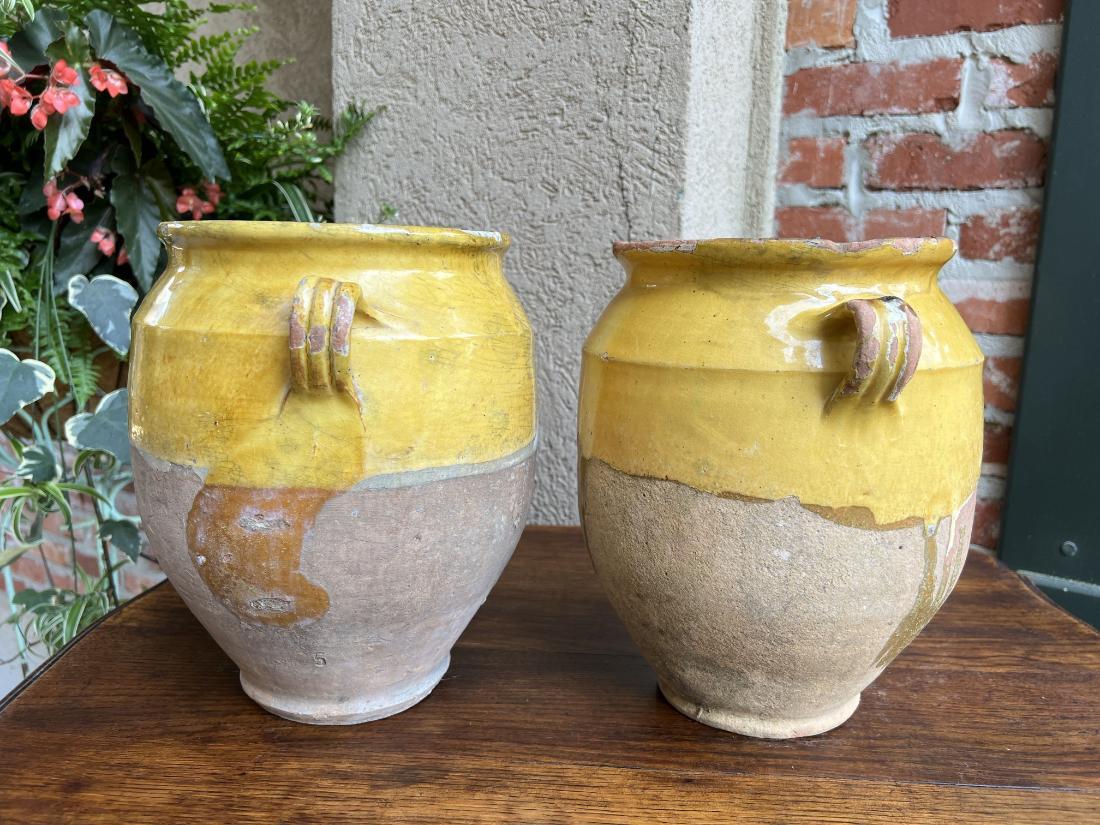 19th Century Pair Set 2 French Confit Pot Yellow Glazed Pottery Provincial For Sale 5