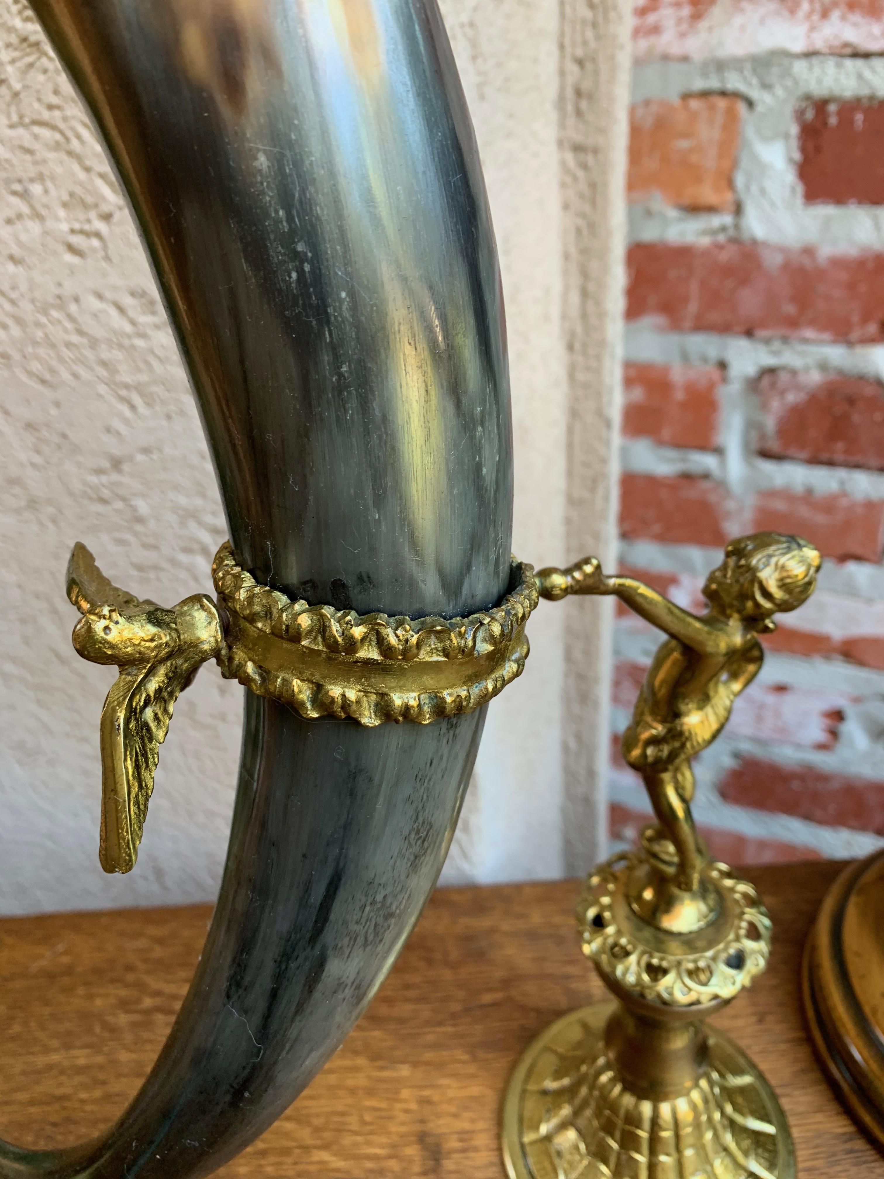 19th Century Pair Set English Trophy Hunt Horn Epergne Brass Renaissance Cherub 7