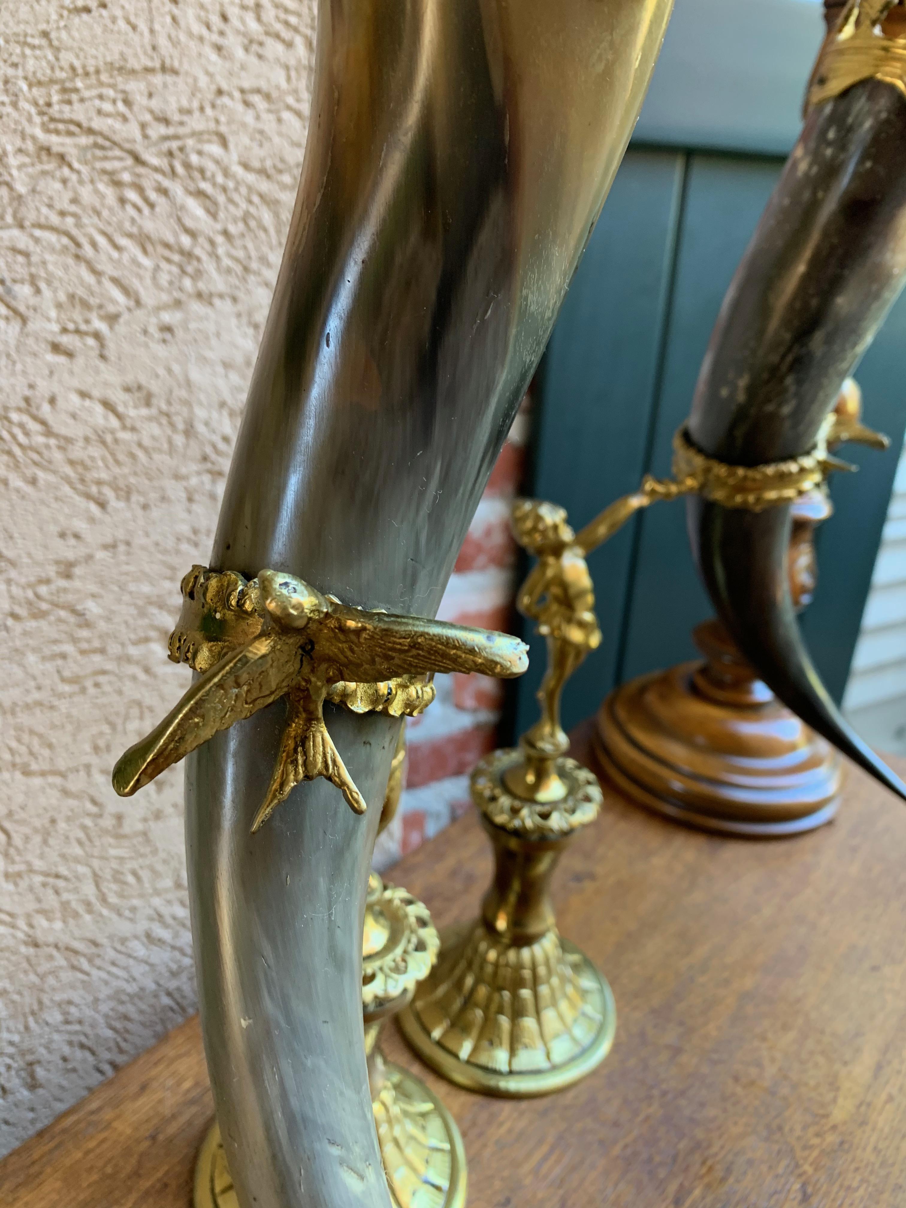 19th Century Pair Set English Trophy Hunt Horn Epergne Brass Renaissance Cherub 8