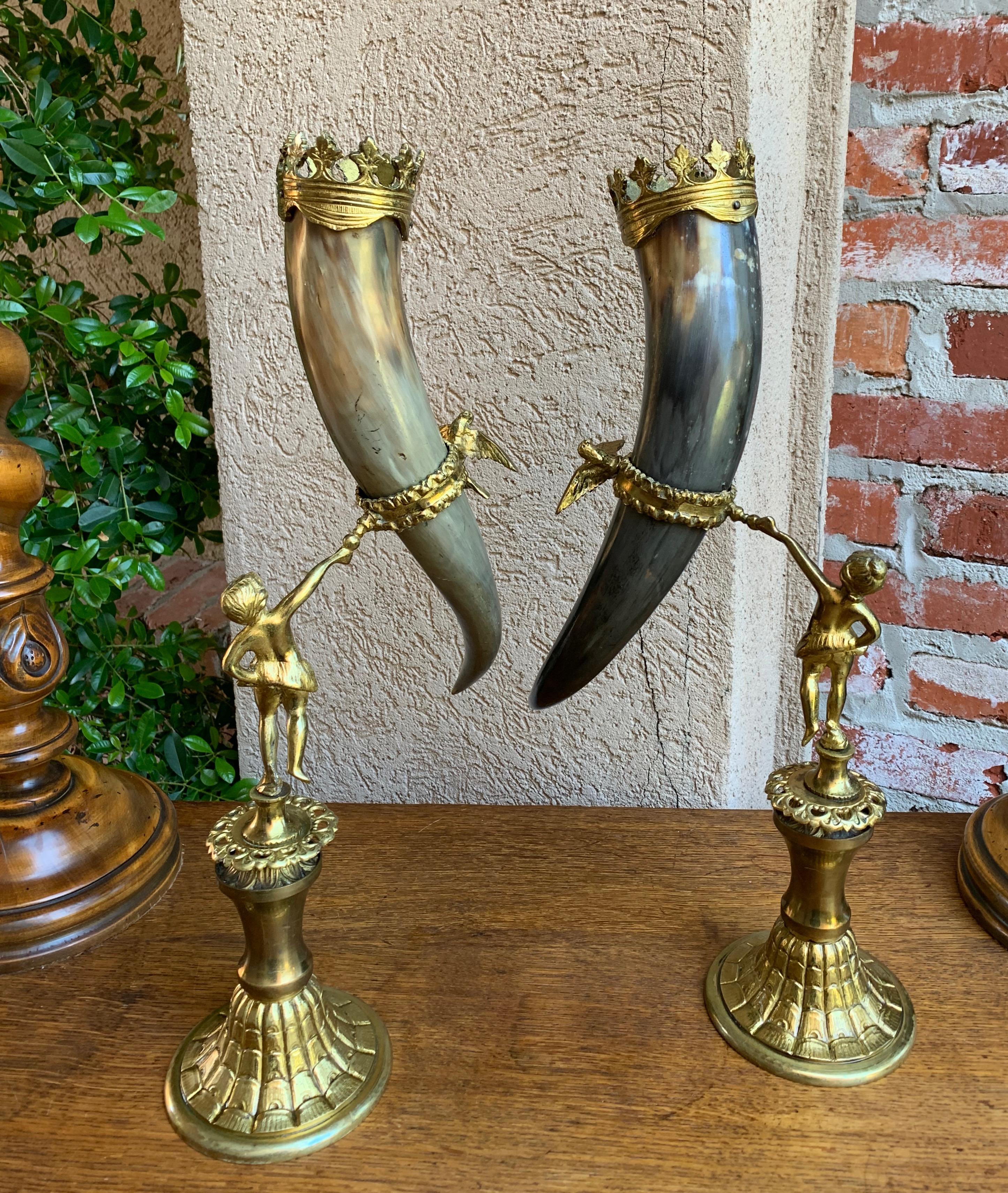 19th Century Pair Set English Trophy Hunt Horn Epergne Brass Renaissance Cherub In Good Condition In Shreveport, LA