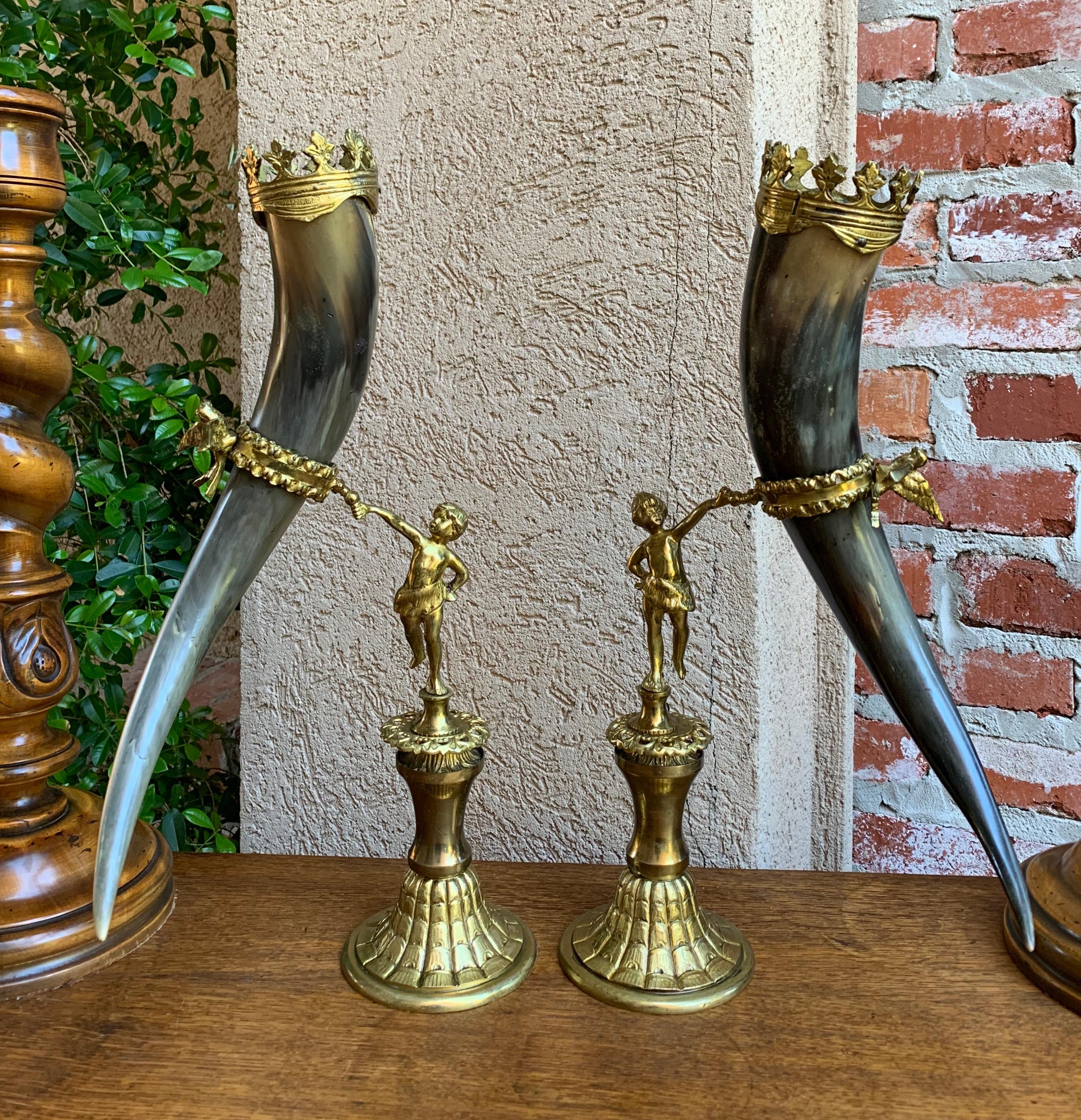 Late 19th Century 19th Century Pair Set English Trophy Hunt Horn Epergne Brass Renaissance Cherub