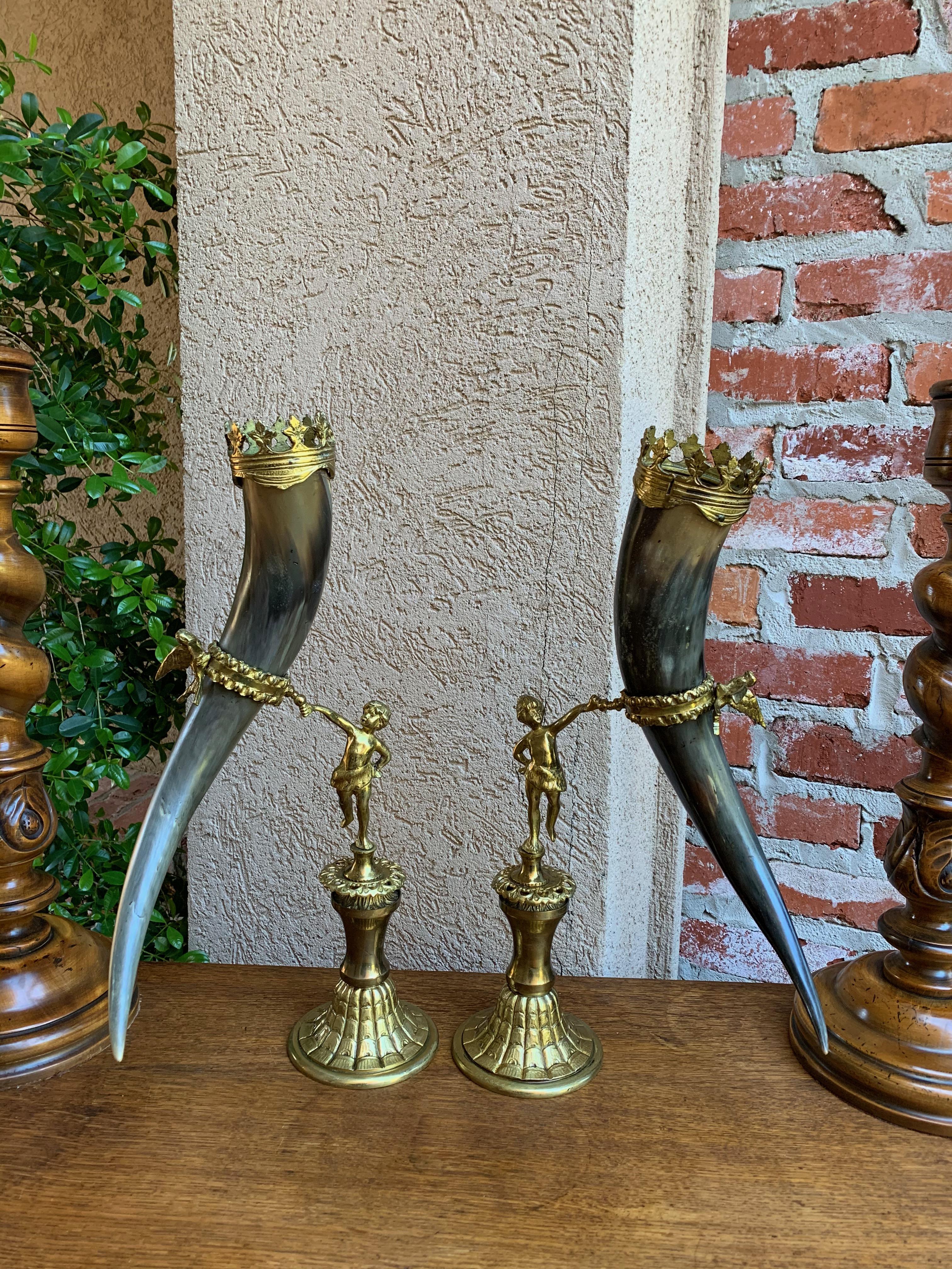 19th Century Pair Set English Trophy Hunt Horn Epergne Brass Renaissance Cherub 1