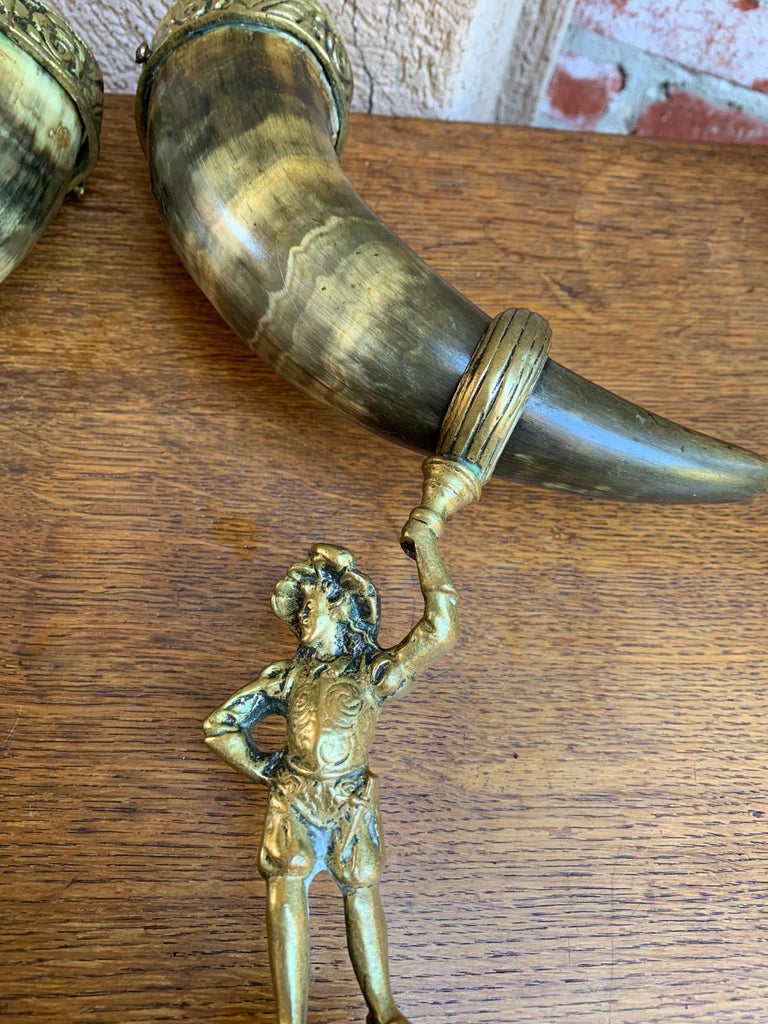 Pair of Set English Trophy Hunt Horn Epergne Brass Renaissance Soldier