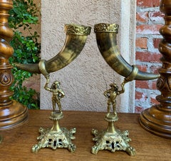Pair of Set English Trophy Hunt Horn Epergne Brass Renaissance Soldier
