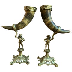 Pair of Set English Trophy Hunt Horn Epergne Brass Renaissance Soldier