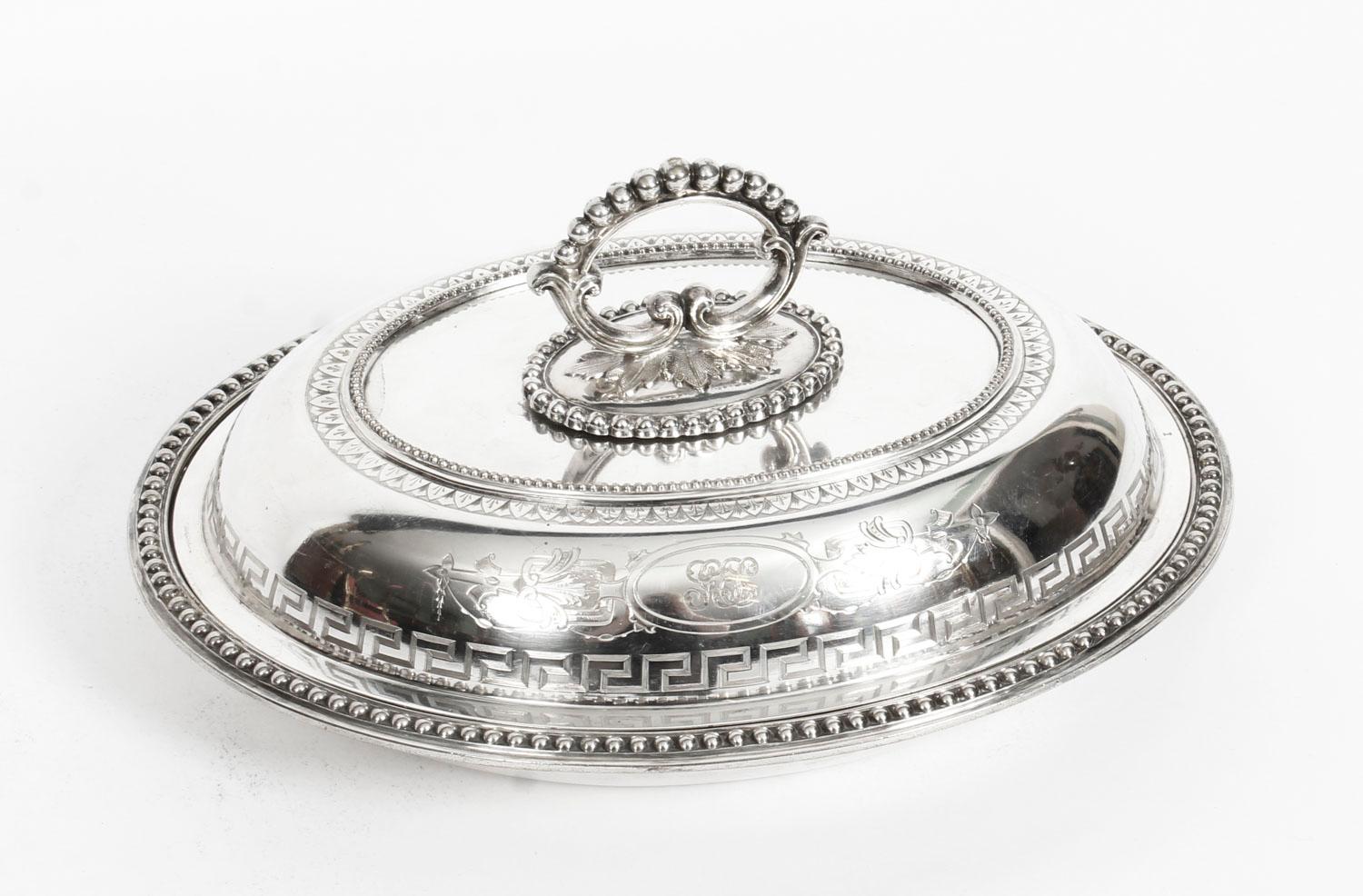 19th Century Pair of Silver Plated Entree Dishes with Greek Key 13