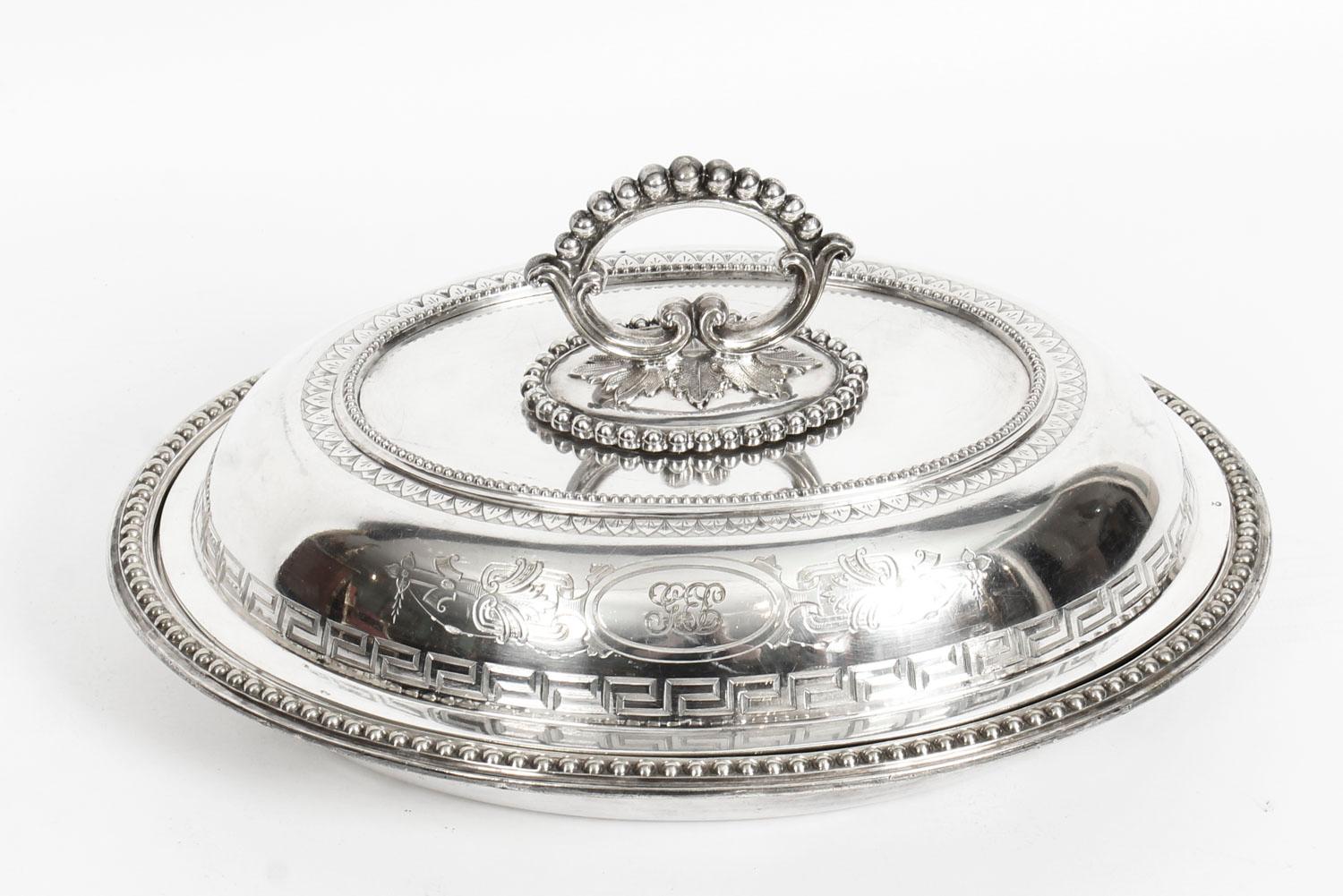 Neoclassical 19th Century Pair of Silver Plated Entree Dishes with Greek Key
