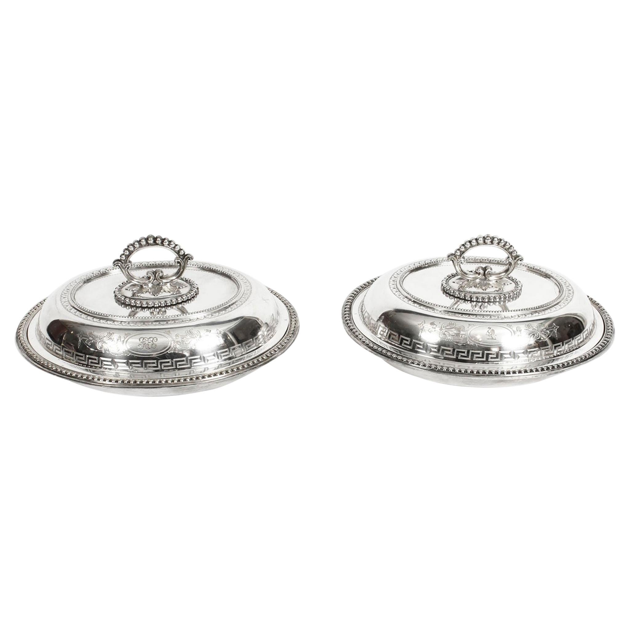 19th Century Pair of Silver Plated Entree Dishes with Greek Key