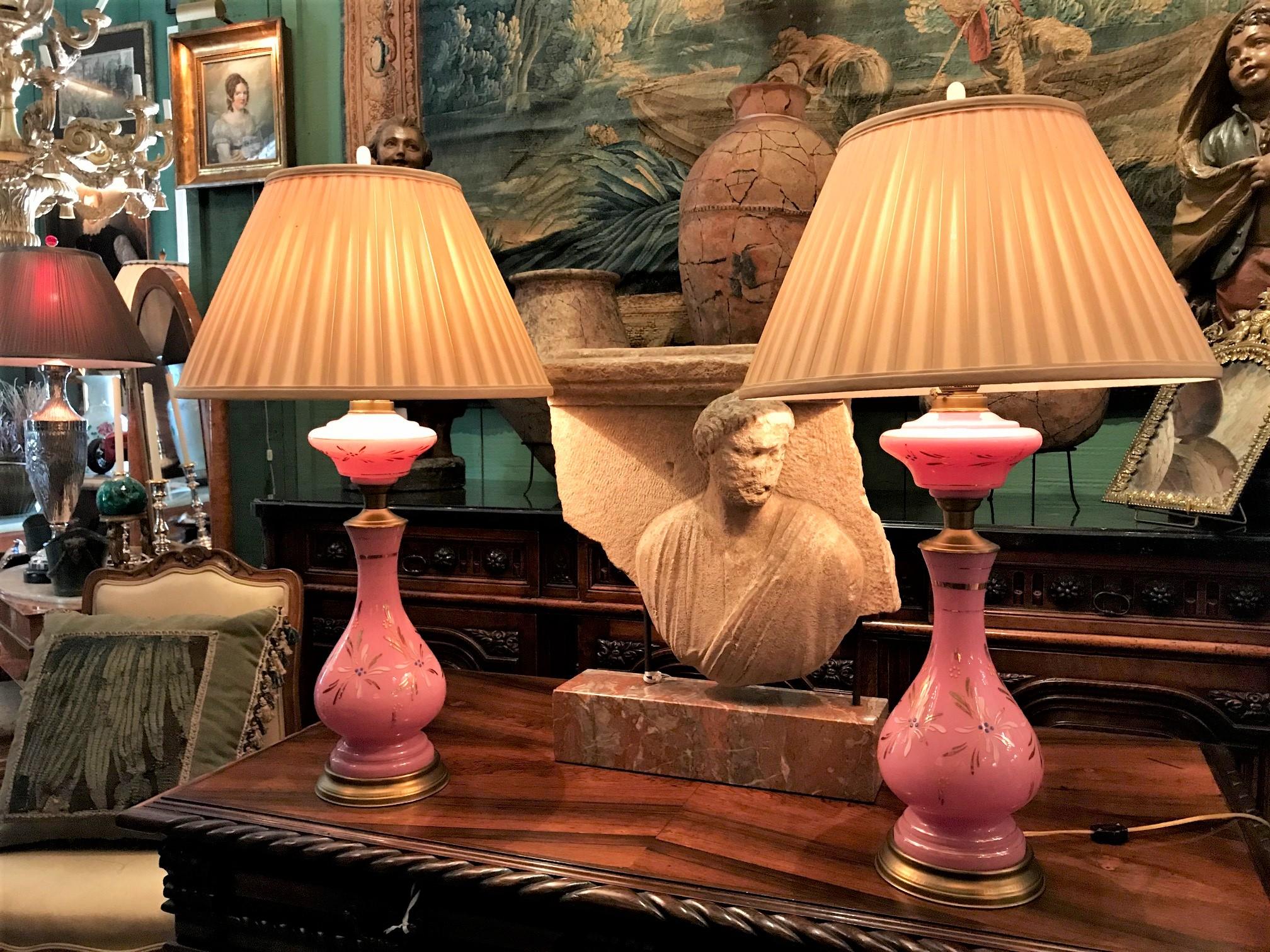 19th C. Pair Pink side Table Lamps Opaline Glass Vase Nightstand Lights antiques . Pair of beautiful 19th century opaline opaque pink glass with gilt bronze mounts wired as lamps with amber finial baluster vases decorated with an array of symbolic