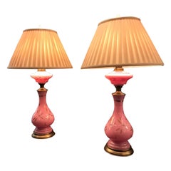 19th C. Pair Pink side Table Lamps Opaline Glass Vase Nightstand Lights antiques