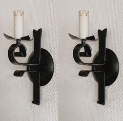 19th Century Pair Spanish Hand Forged Iron Wall Sconces, Electrified Wall Lights
