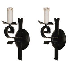 19th Century Pair Spanish Hand Forged Iron Wall Sconces, Electrified Wall Lights