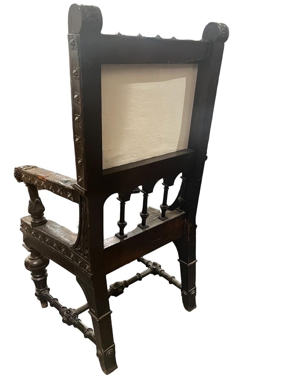 19th Century Pair Spanish Revival Chairs Hand Carved with Embossed Leather For Sale 6