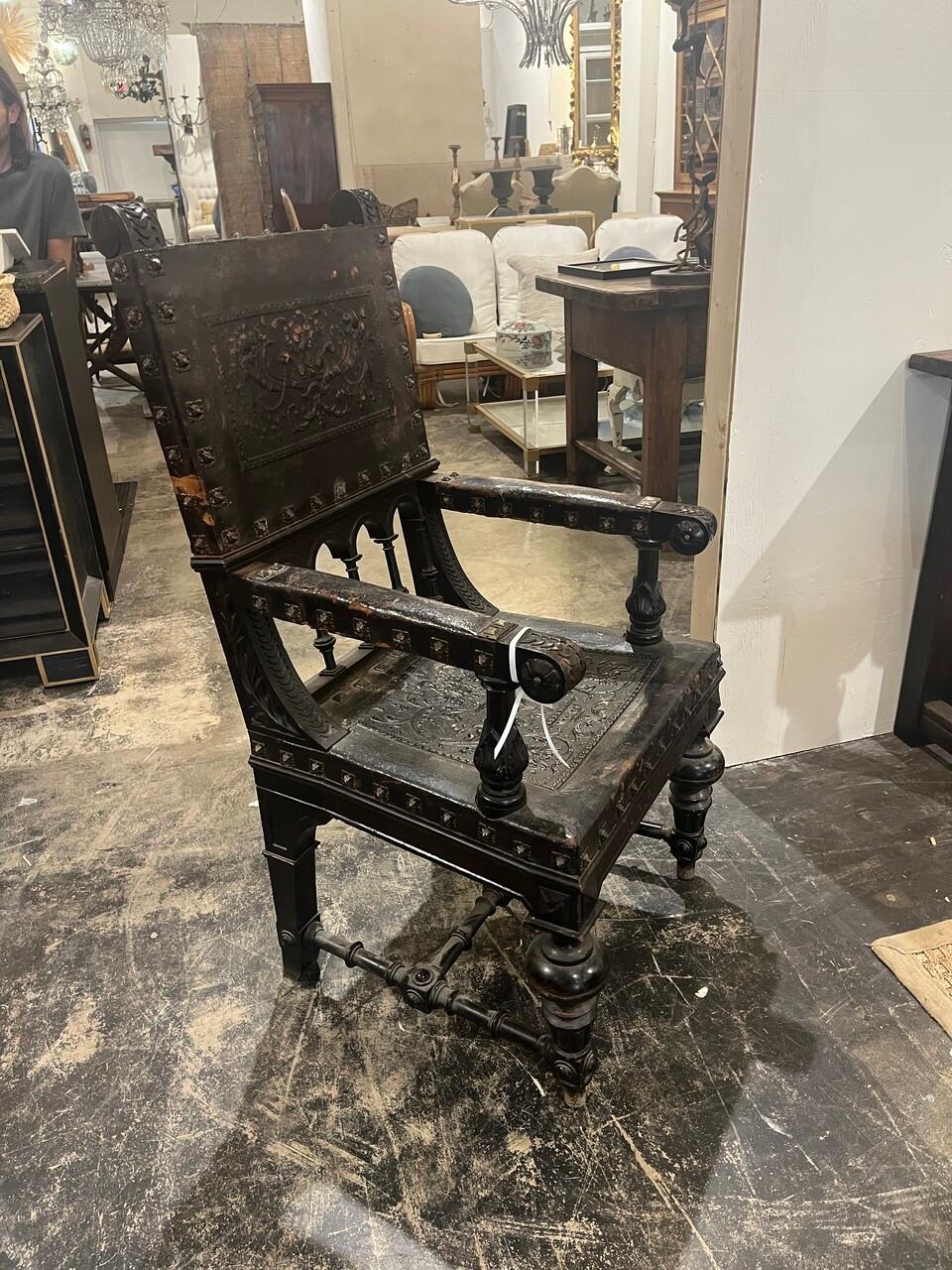 19th Century Pair Spanish Revival Chairs Hand Carved with Embossed Leather For Sale 7