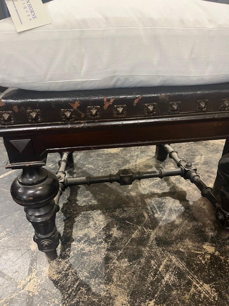 19th Century Pair Spanish Revival Chairs Hand Carved with Embossed Leather For Sale 2
