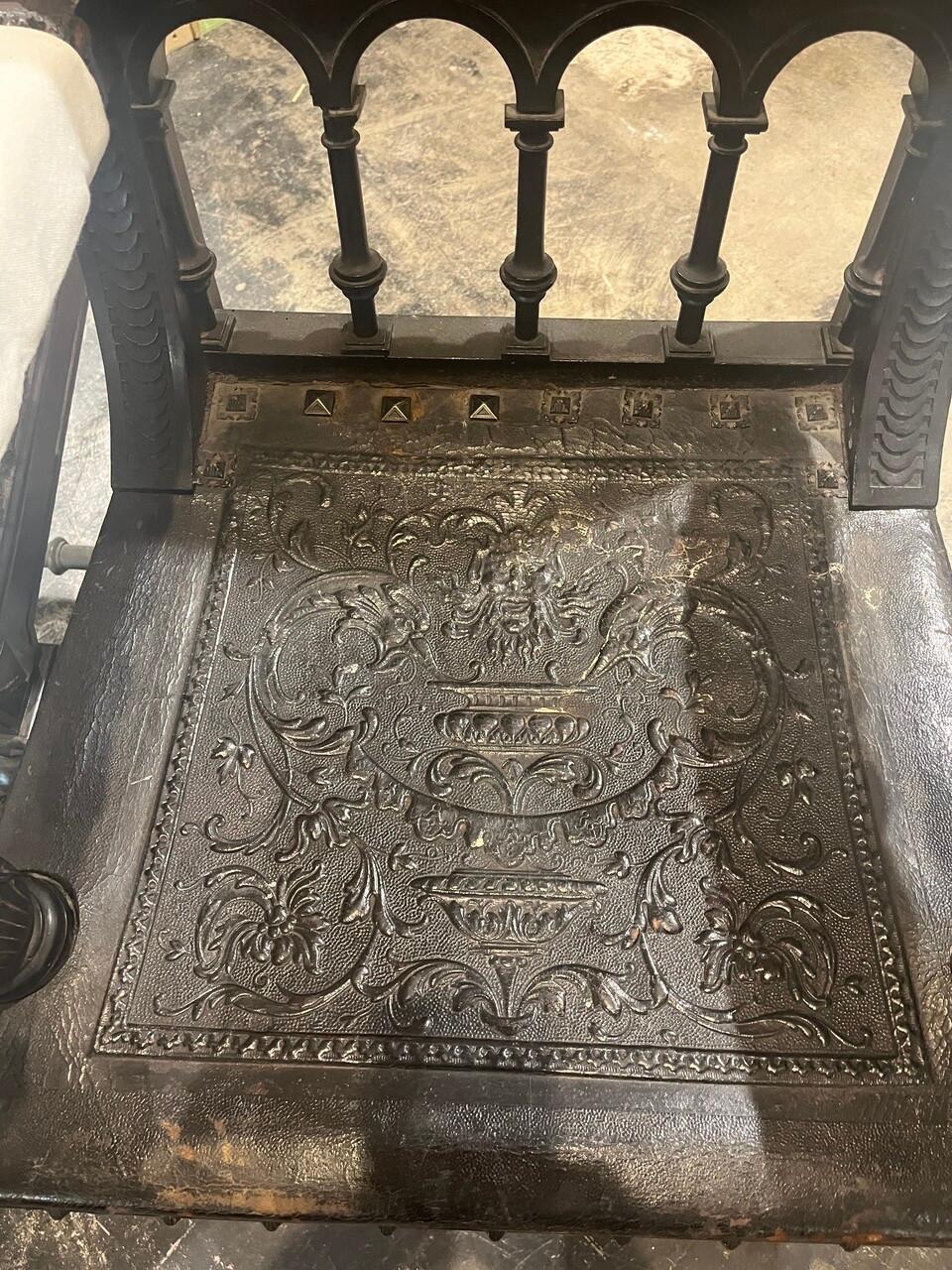 19th Century Pair Spanish Revival Chairs Hand Carved with Embossed Leather For Sale 4