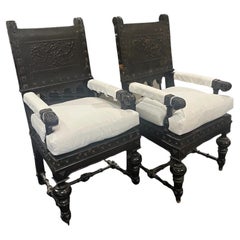 19th Century Pair Spanish Revival Chairs Hand Carved with Embossed Leather