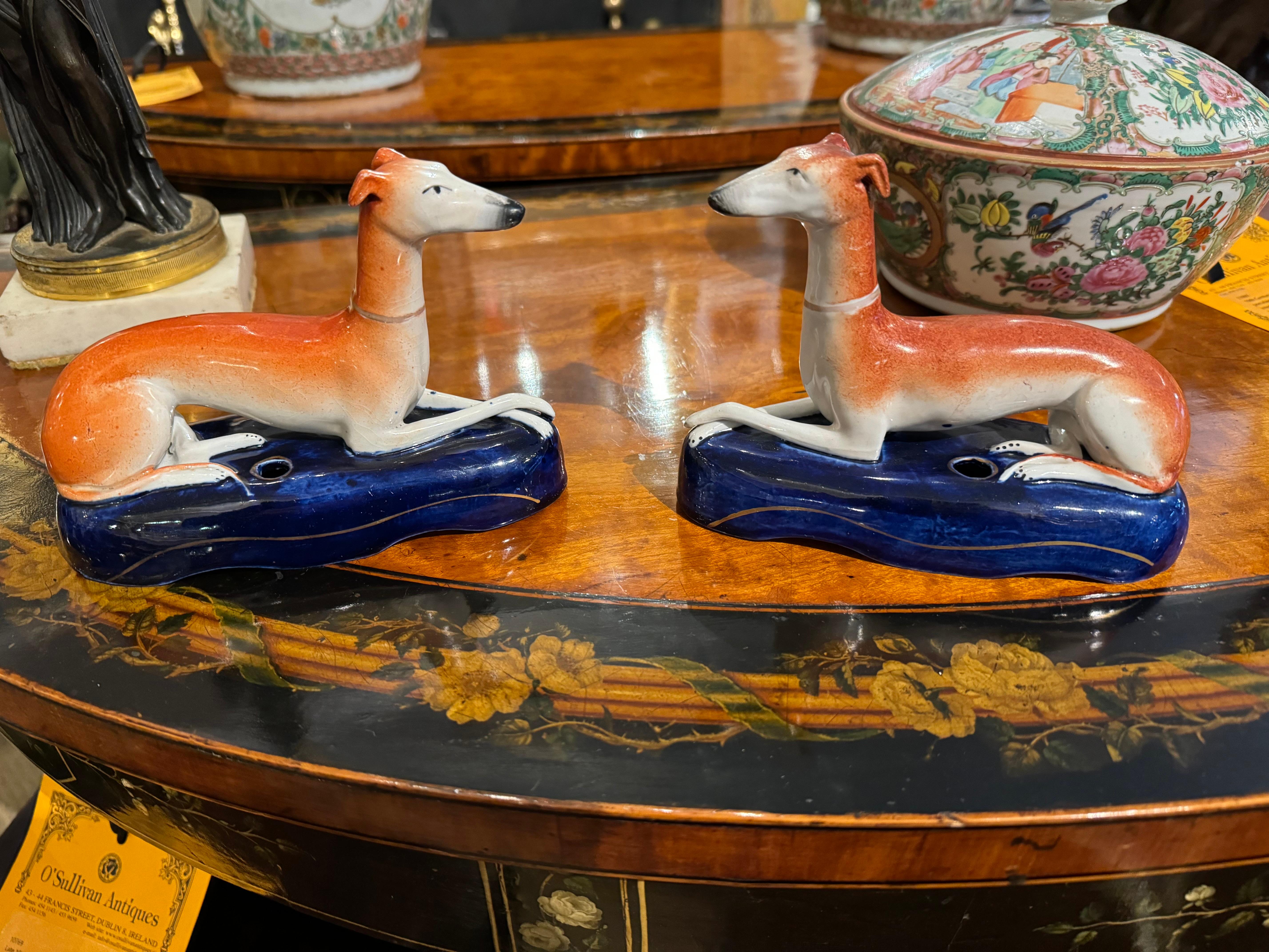 English 19th Century Pair Staffordshire Pottery Greyhounds For Sale