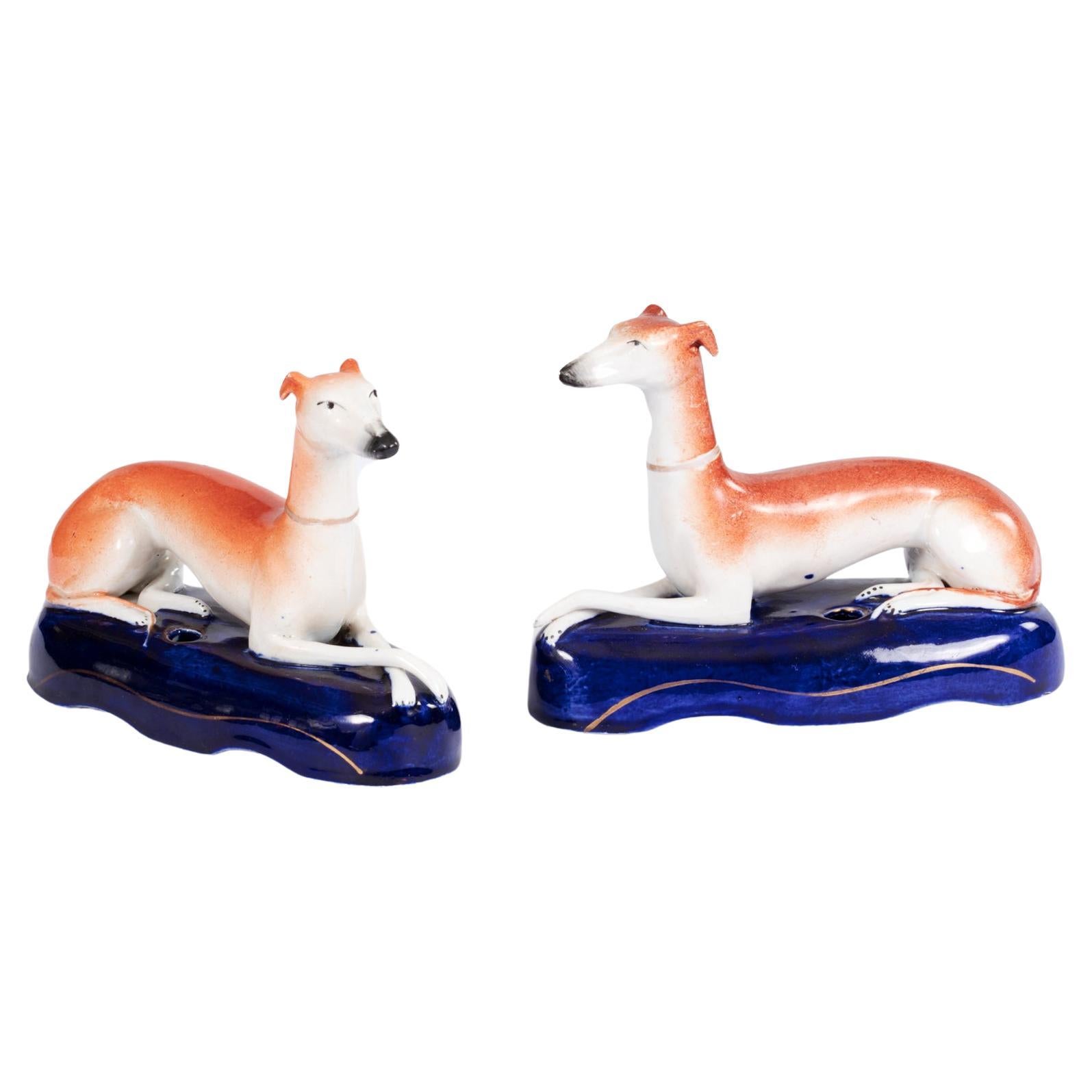 19th Century Pair Staffordshire Pottery Greyhounds For Sale