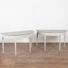 19th Century Pair, Swedish Gustavian White Demi Lune Side Tables Consoles