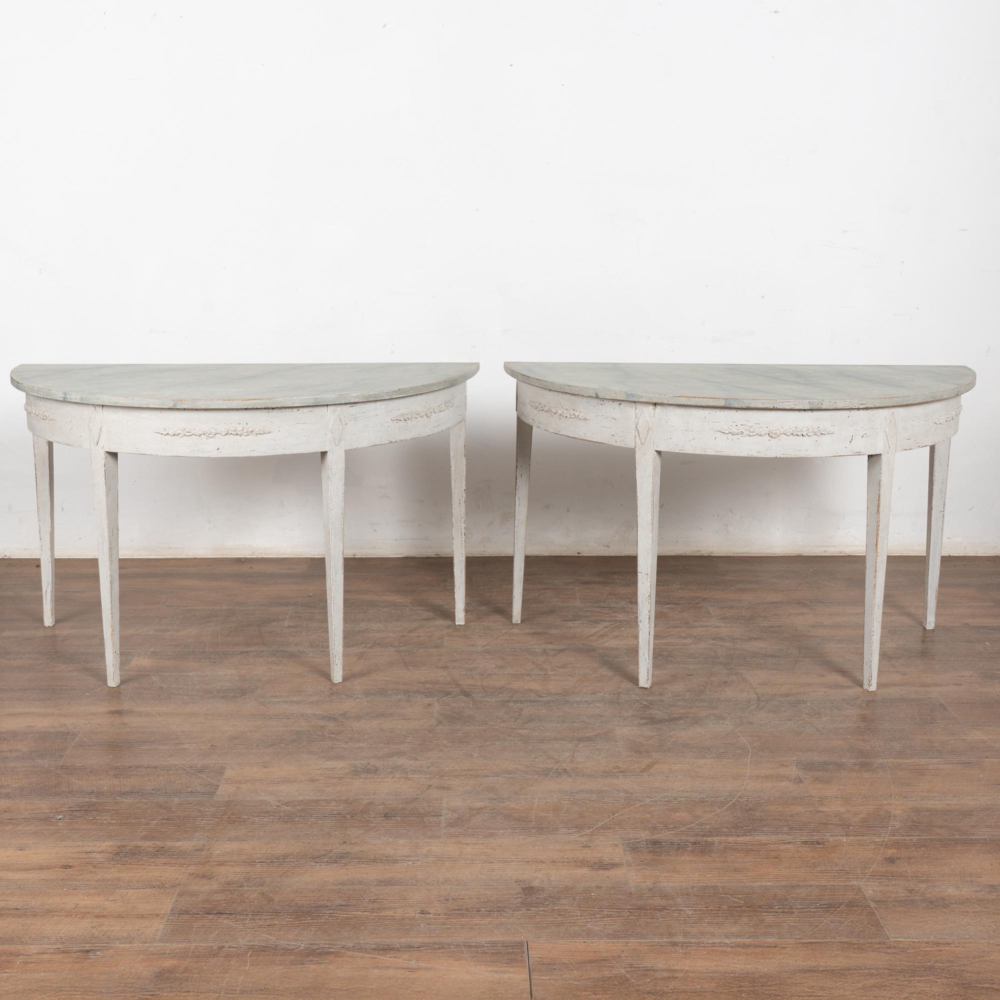 19th Century Pair, Swedish Gustavian White Demi Lune Side Tables Consoles For Sale 3