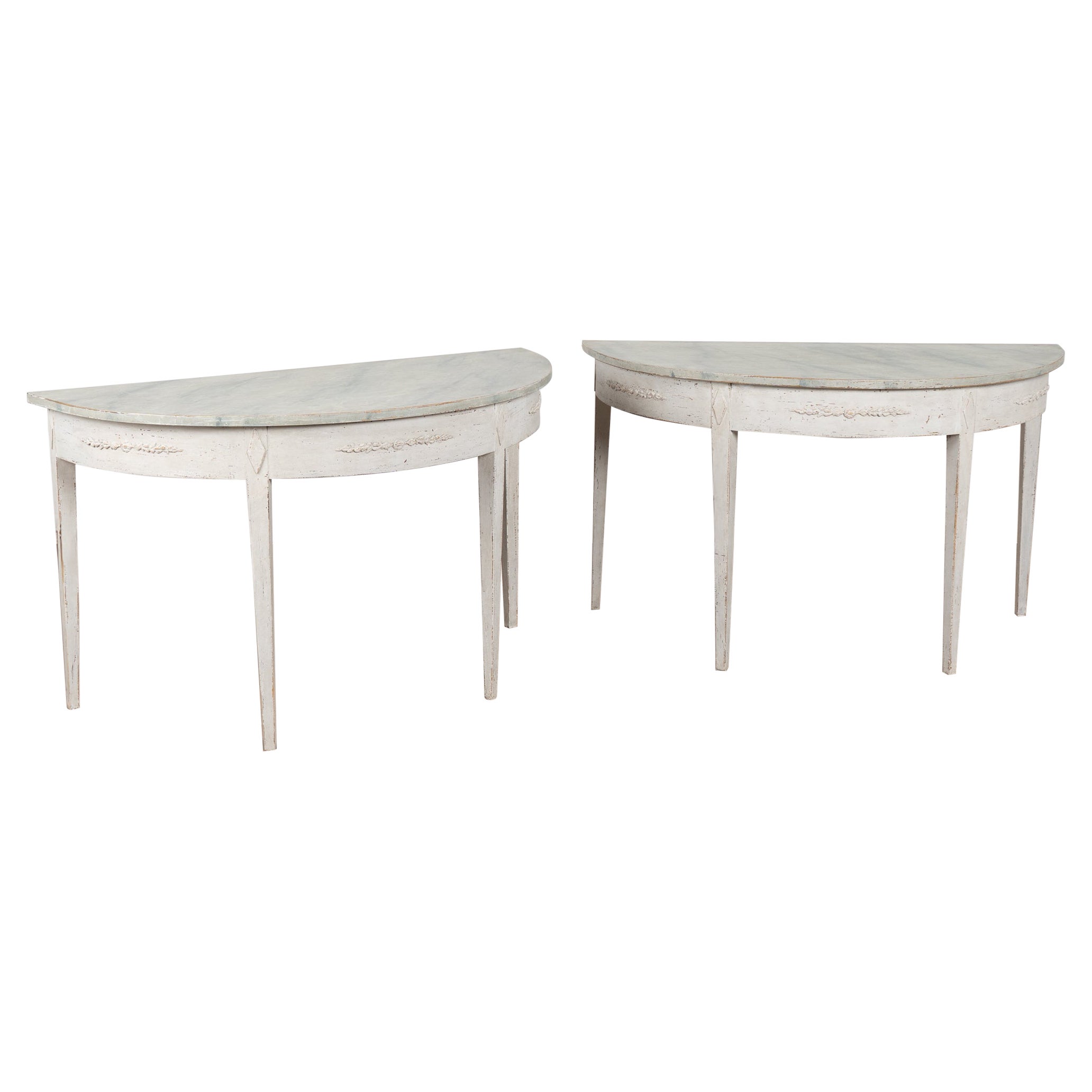 19th Century Pair, Swedish Gustavian White Demi Lune Side Tables Consoles For Sale