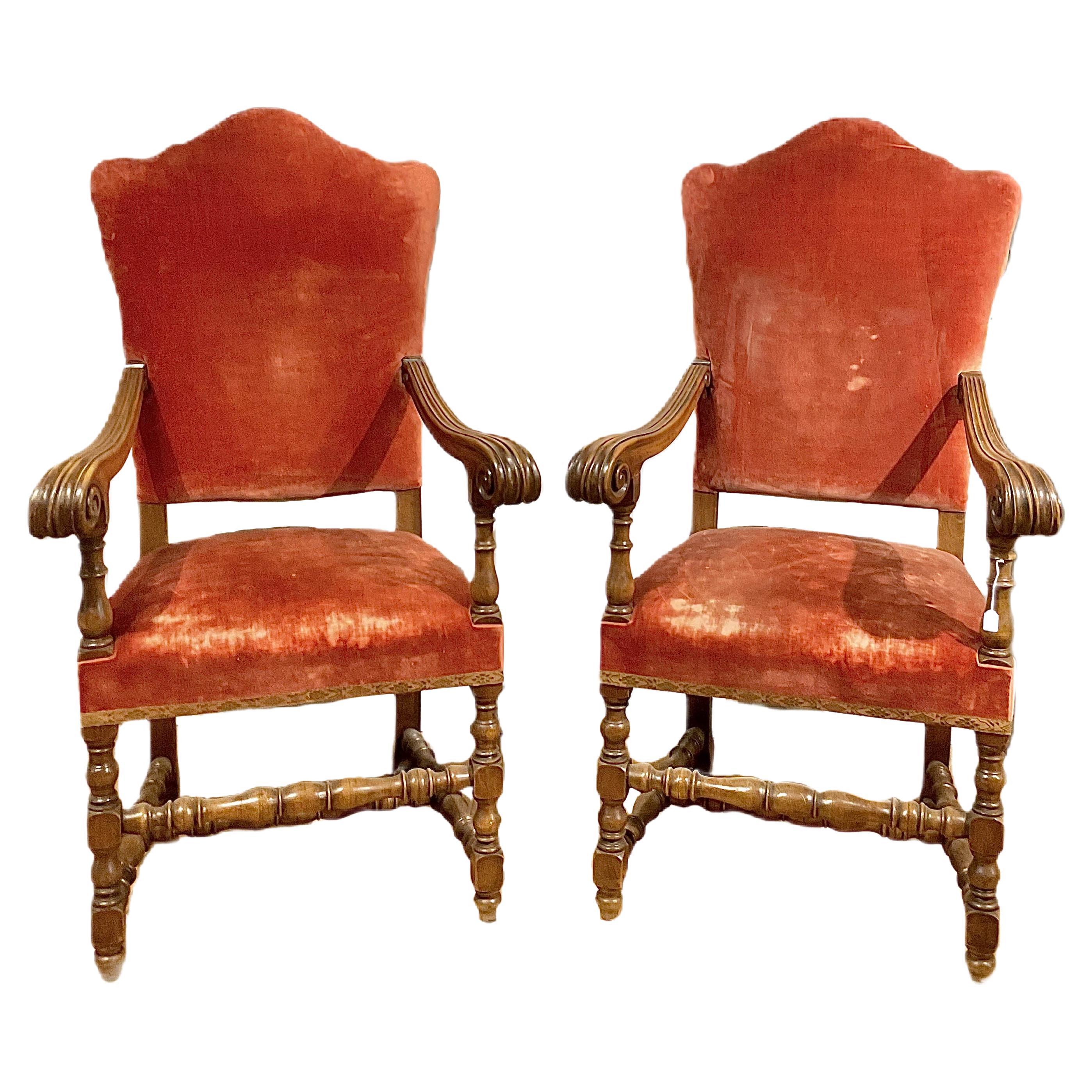 19th Century Pair Tuscany Solid Walnut Armchairs