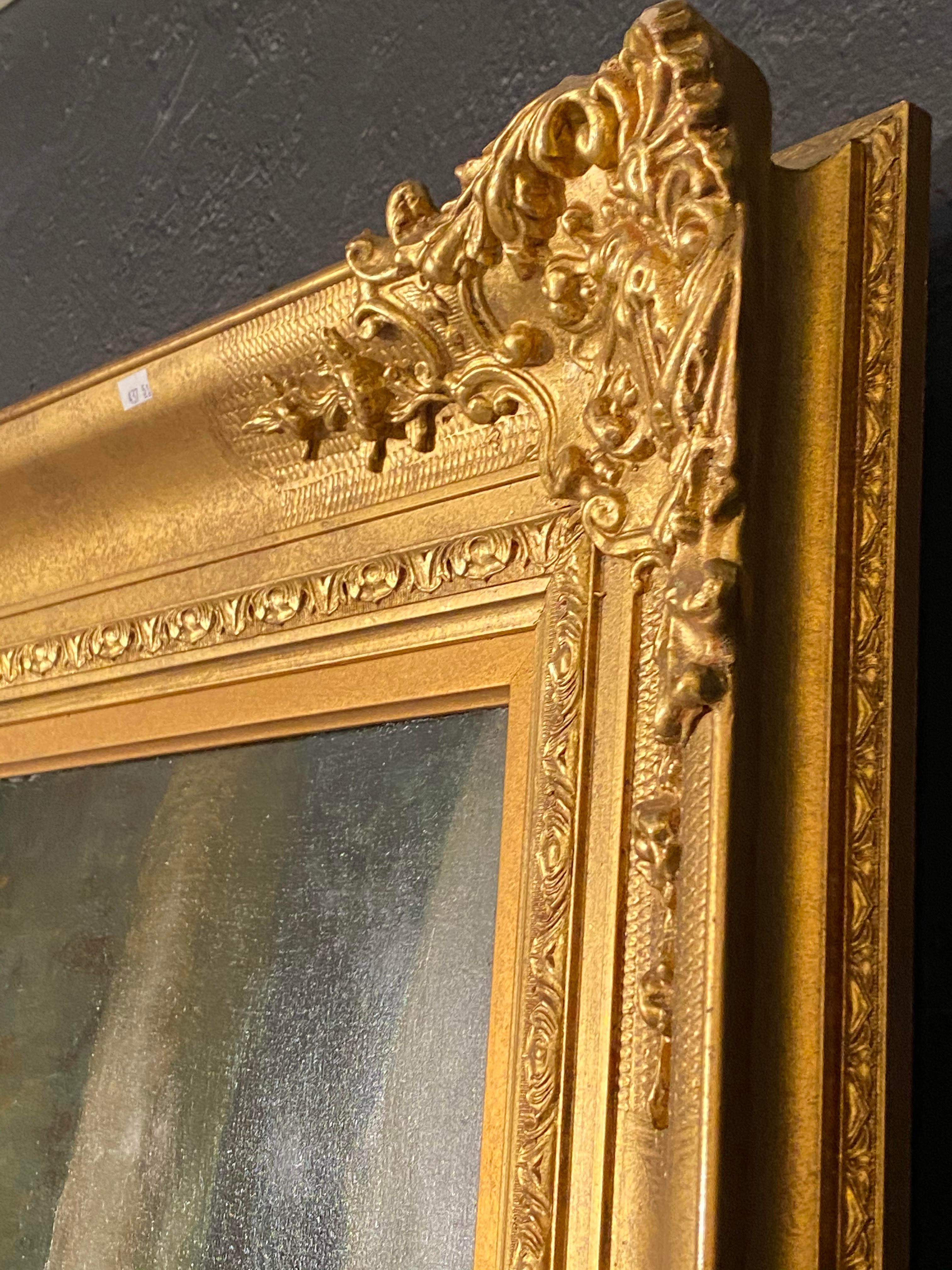 19th C. Palatial Oil on Canvas of a Young Beauty Finely Carved Gilt Gesso Frame For Sale 9