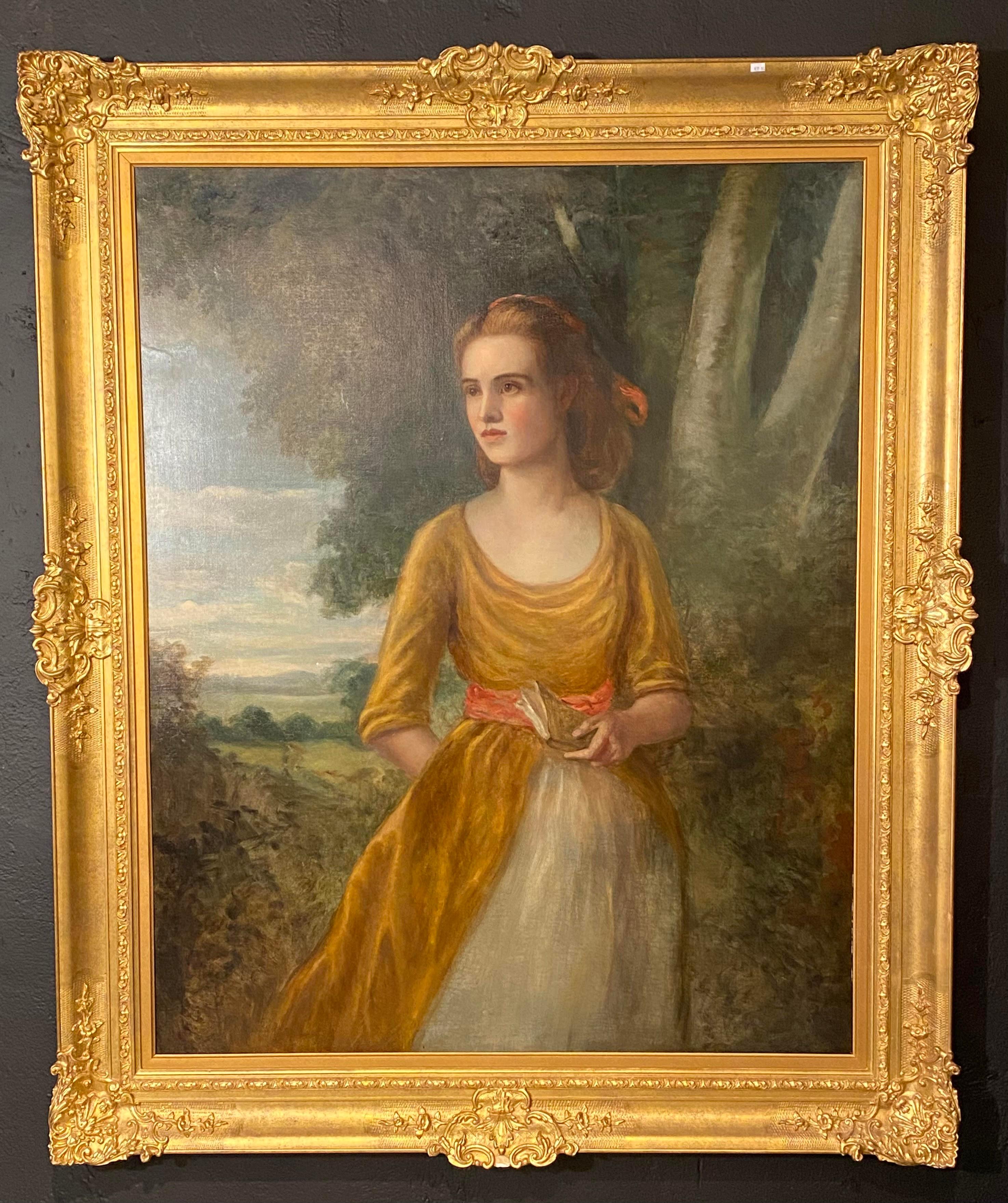 19th century Palatial oil on canvas of a young beauty. This large and impressive oil on canvas has a young woman in proper attire walking through the forest. The whole set in a finely carved gilt gesso frame. Unframed 40