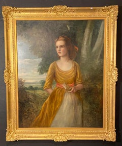 19th C. Palatial Oil on Canvas of a Young Beauty Finely Carved Gilt Gesso Frame