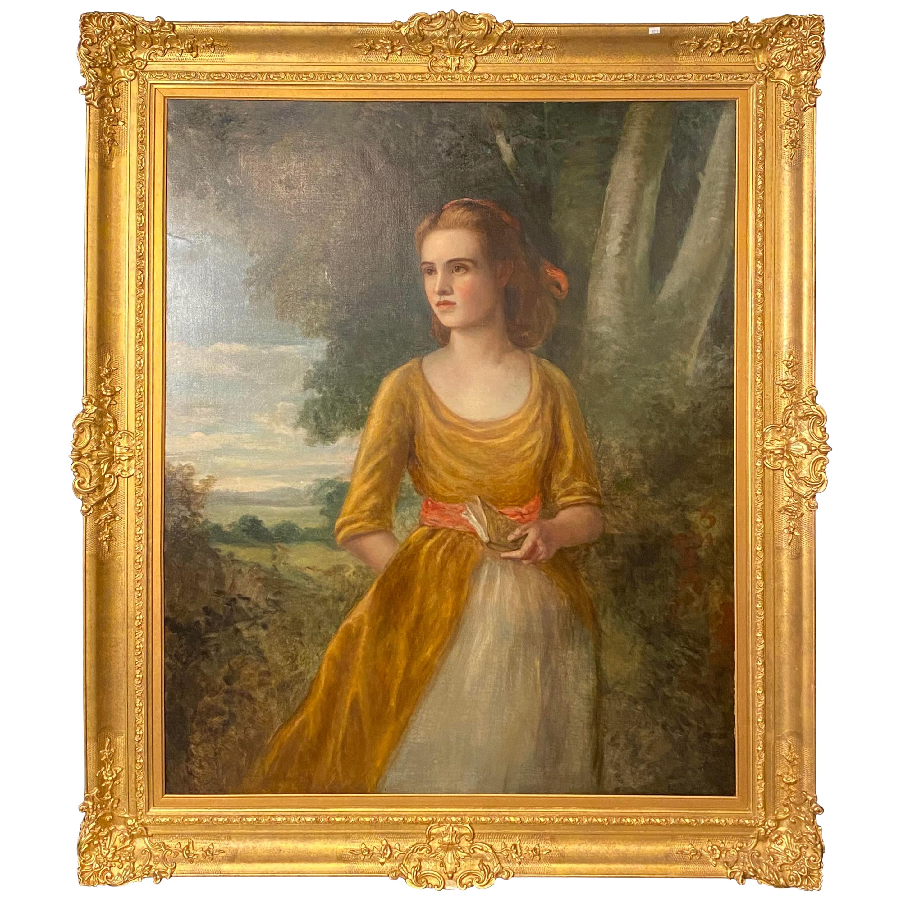 Huile sur toile Palatial d'une jeune beauté du 19ème siècle avec cadre en gesso doré finement sculpté