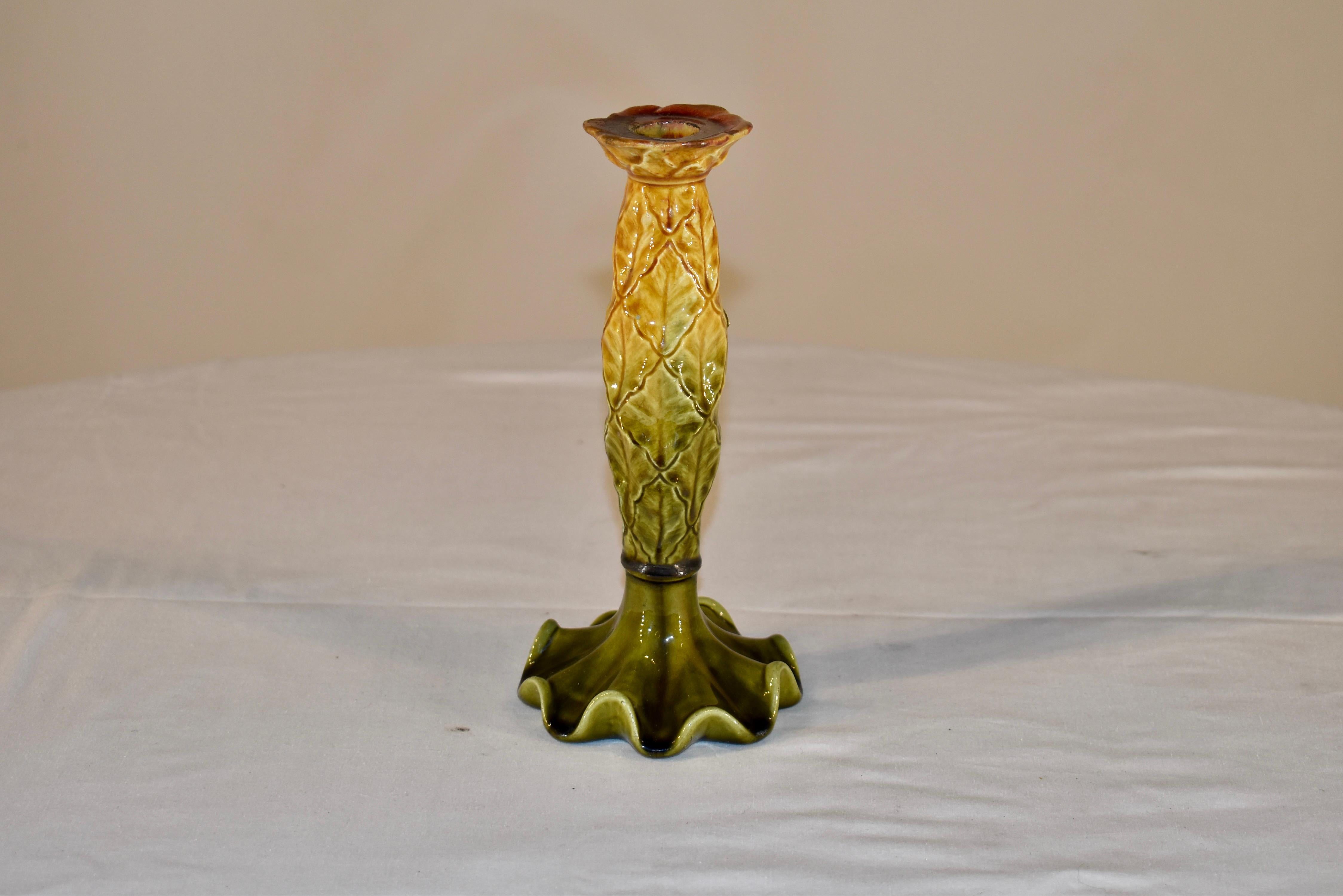 19th century majolica candlestick in a lovely pineapple design.  The colors are wonderfully rich and what an unusual piece to add to any collection!
