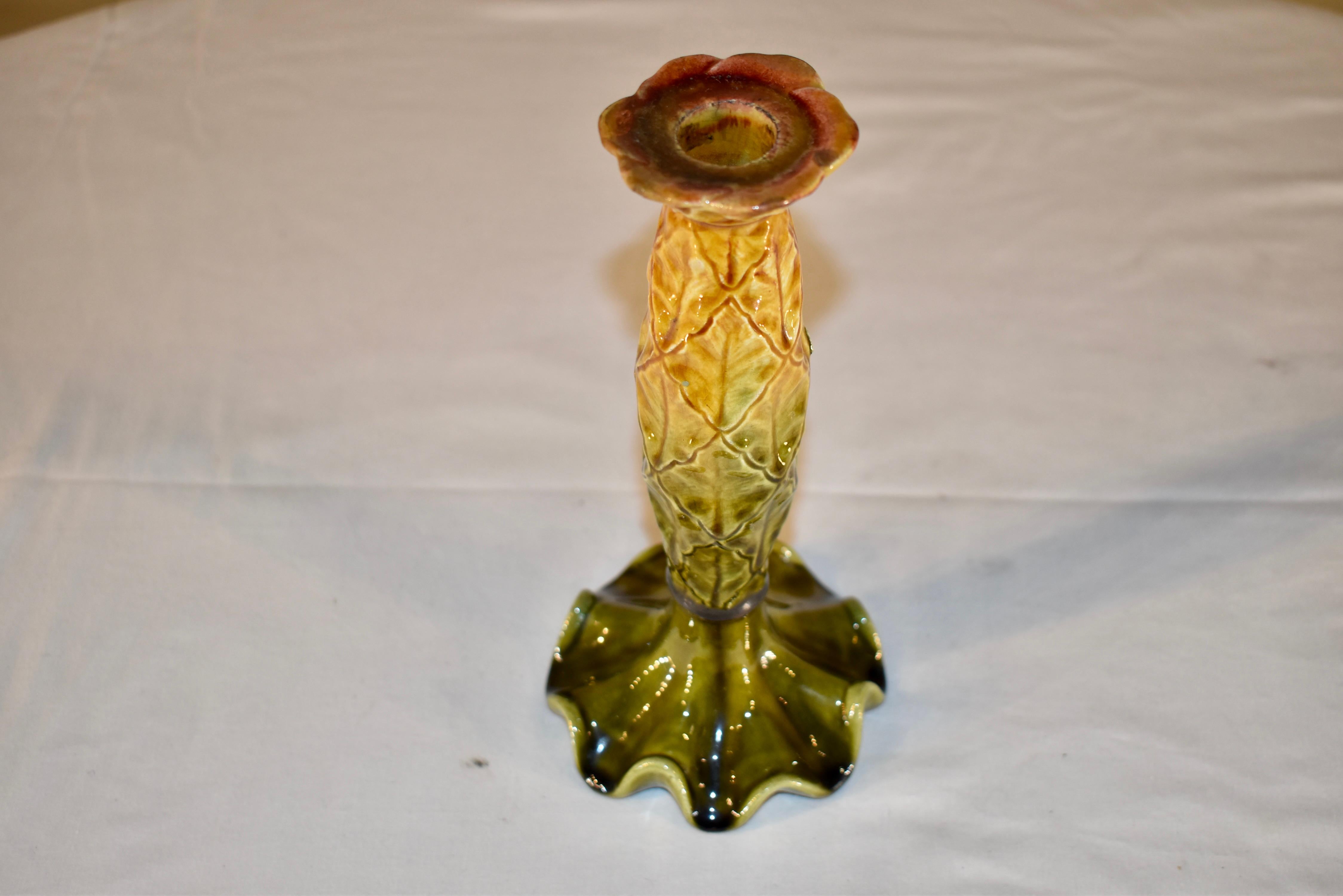 Glazed 19th Century Palissy Candle Stick For Sale