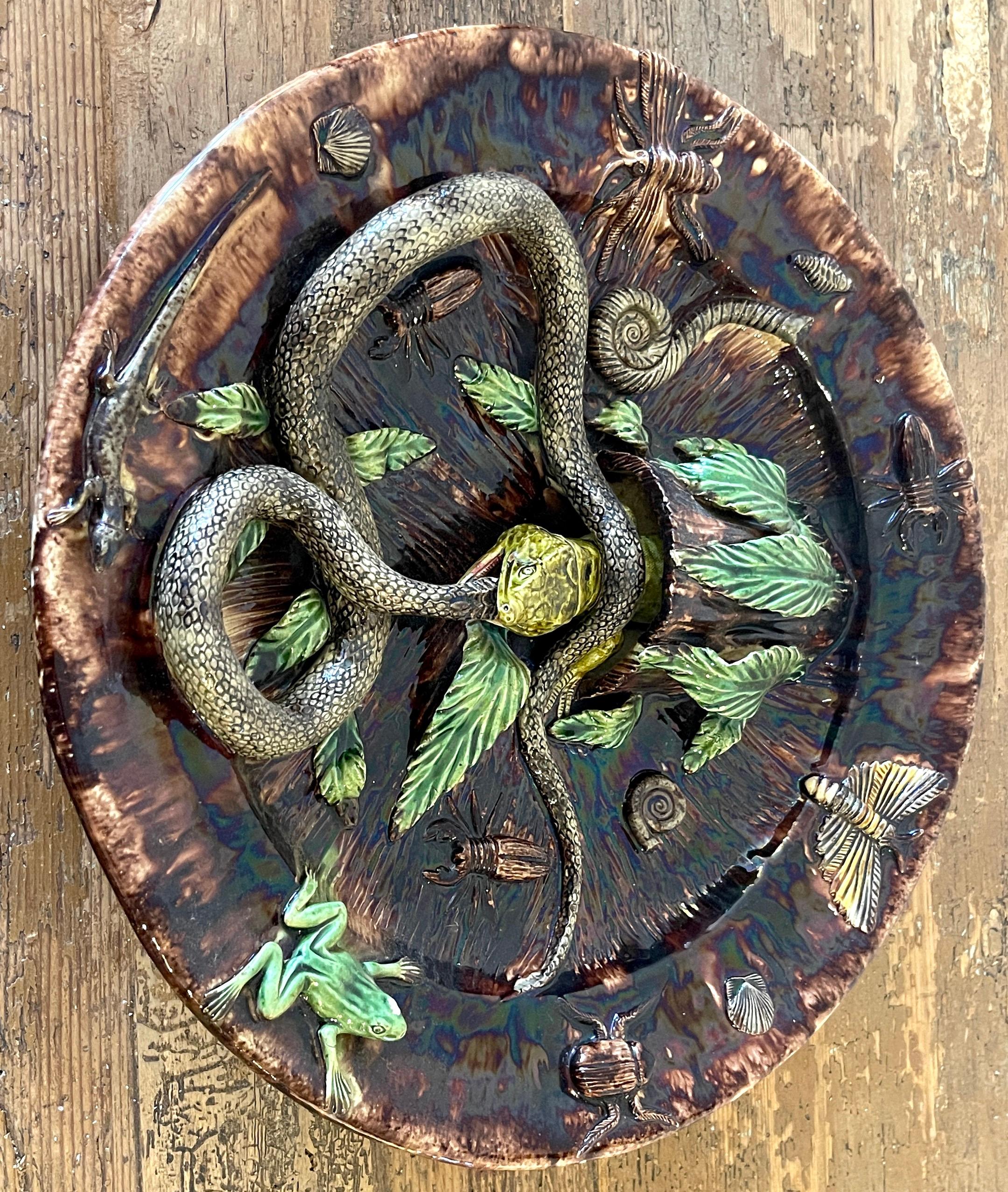 19th Century Palissy Majolica Snake & Lizard Charger 3