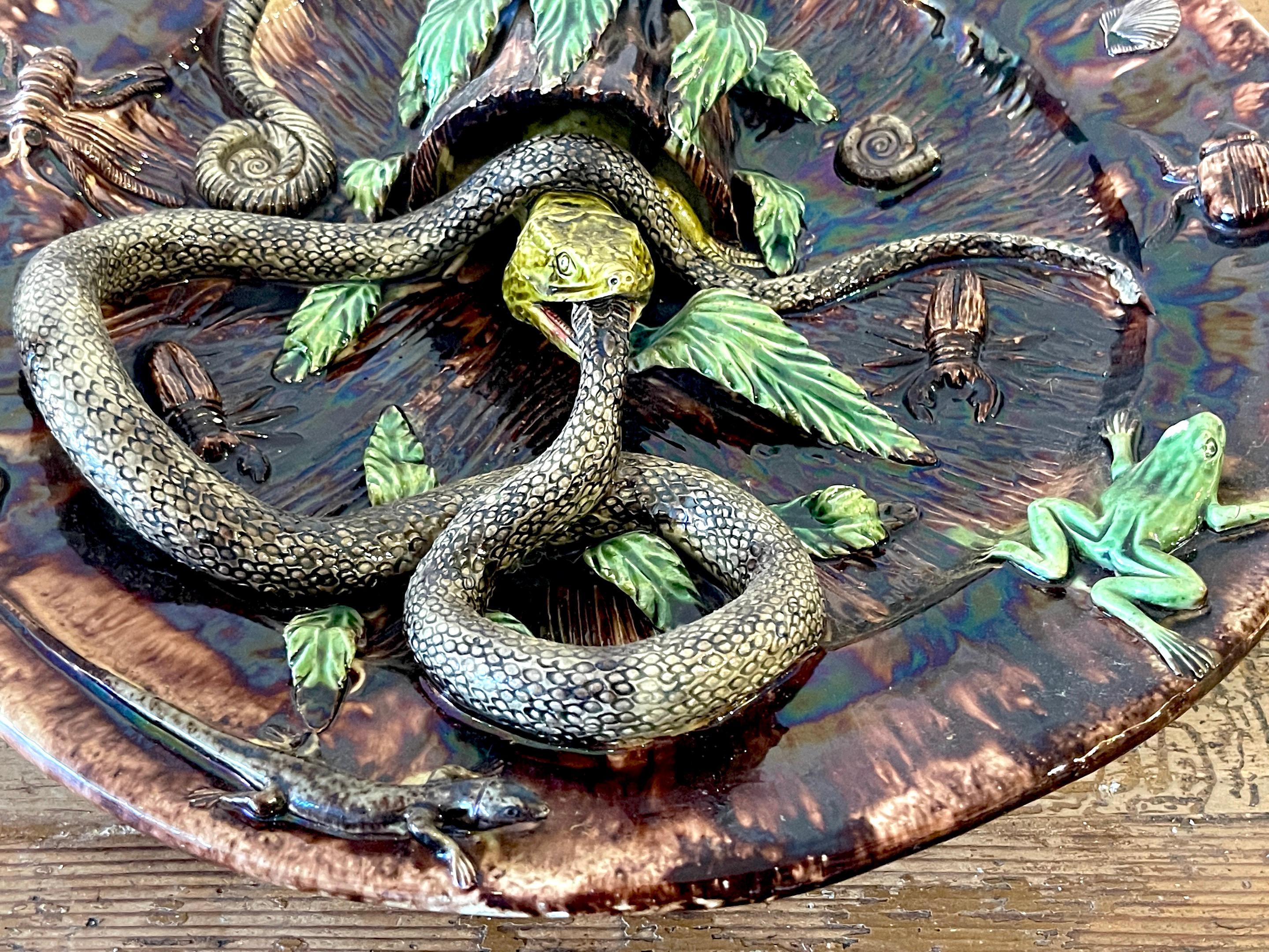 19th Century Palissy Majolica Snake & Lizard Charger 4