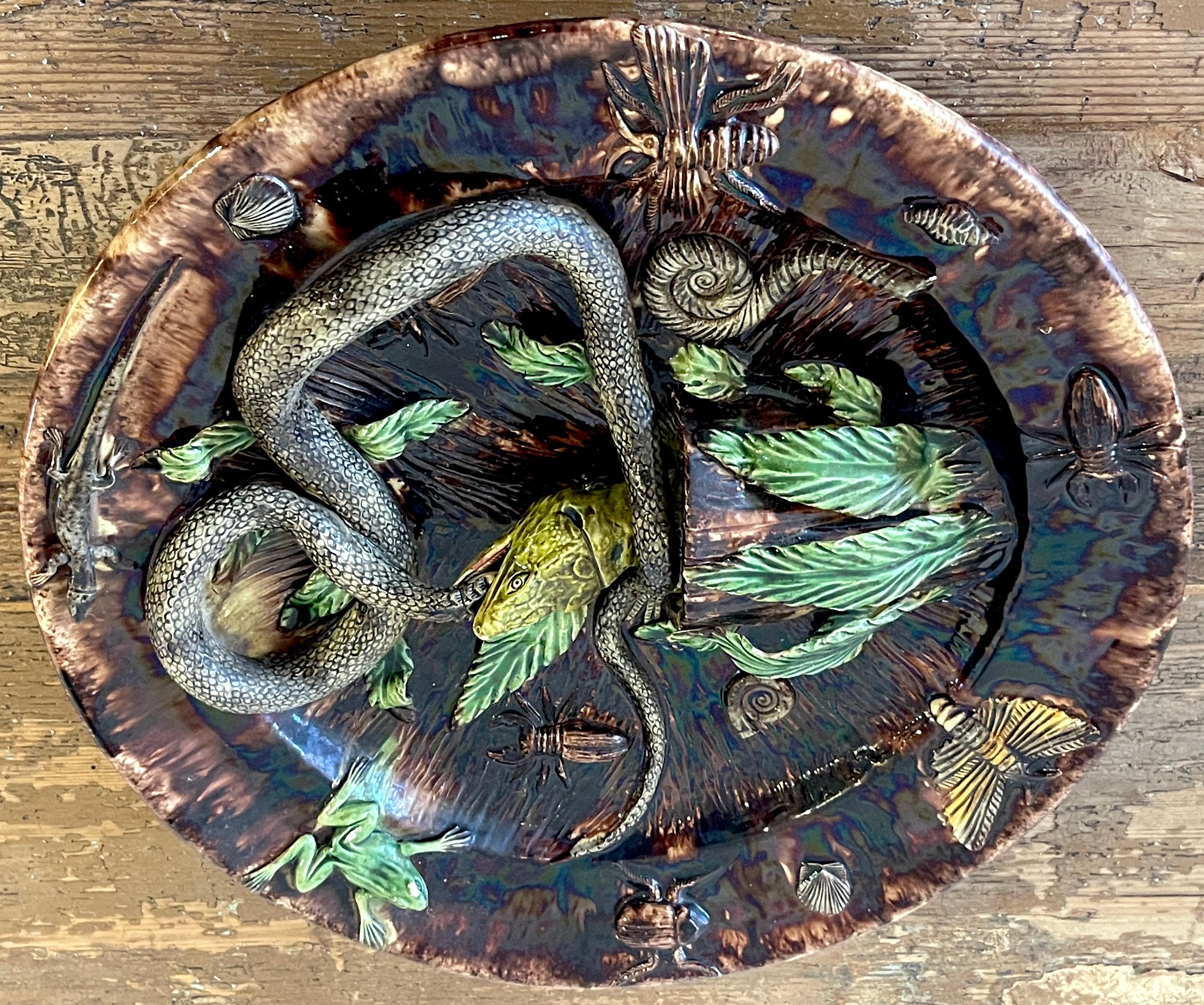 19th Century Palissy Majolica Snake & Lizard Charger 6