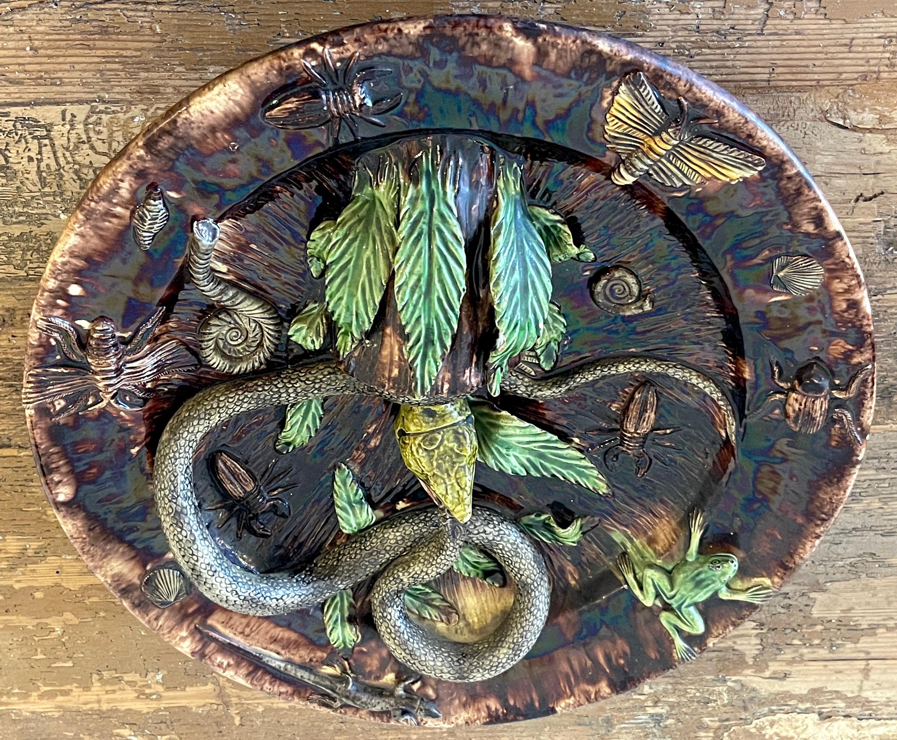 19th Century Palissy Majolica Snake & Lizard Charger 7