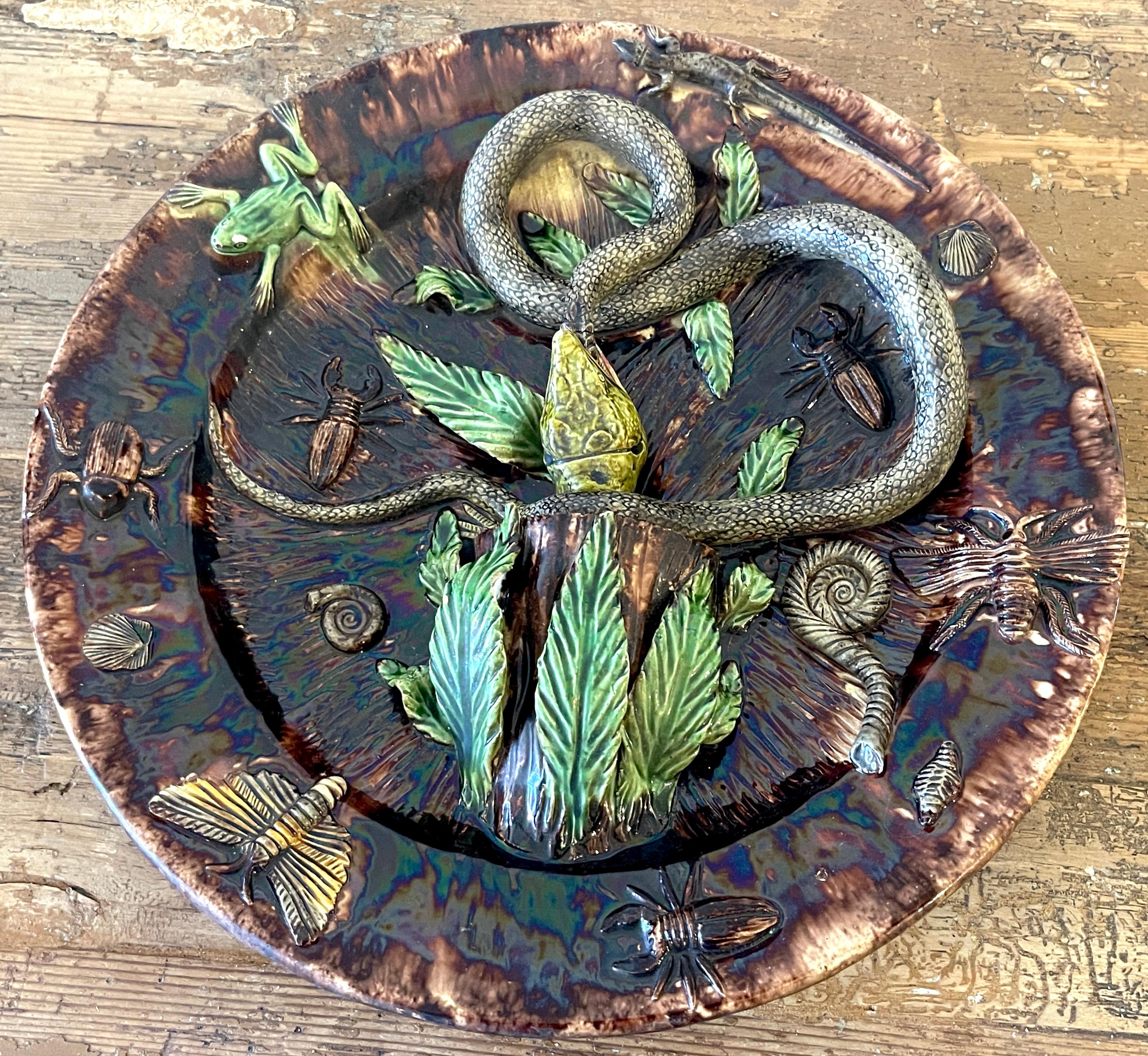 Aesthetic Movement 19th Century Palissy Majolica Snake & Lizard Charger