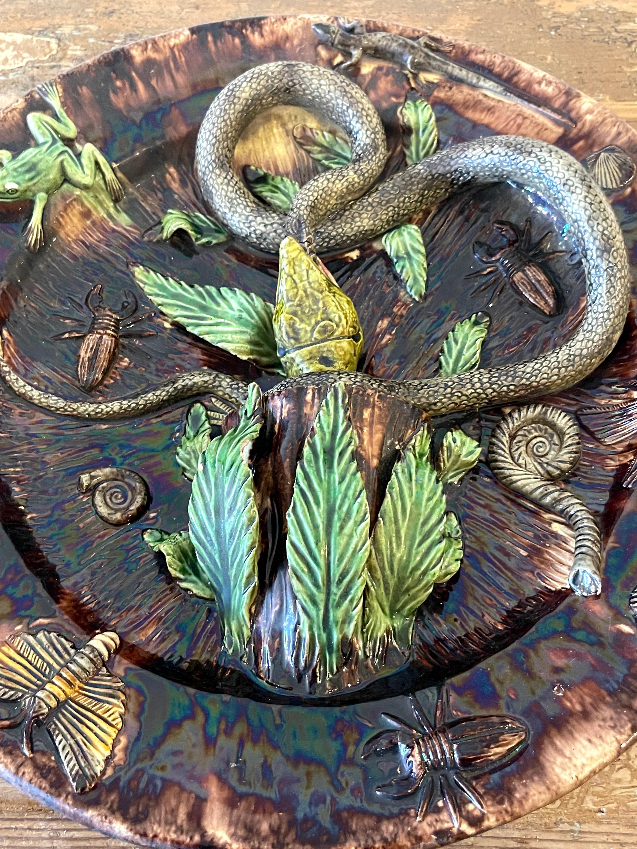 Glazed 19th Century Palissy Majolica Snake & Lizard Charger