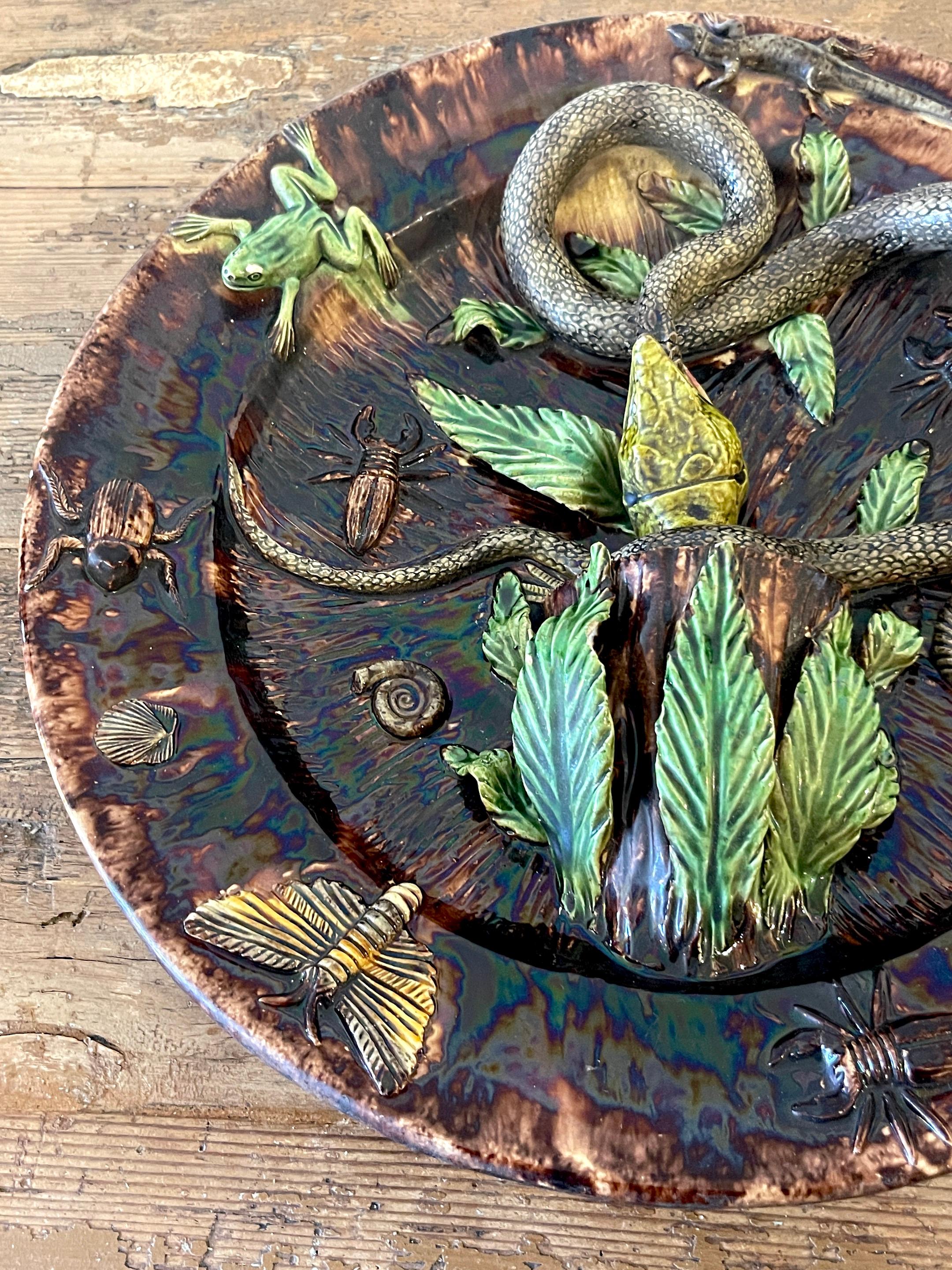 19th Century Palissy Majolica Snake & Lizard Charger In Good Condition In West Palm Beach, FL