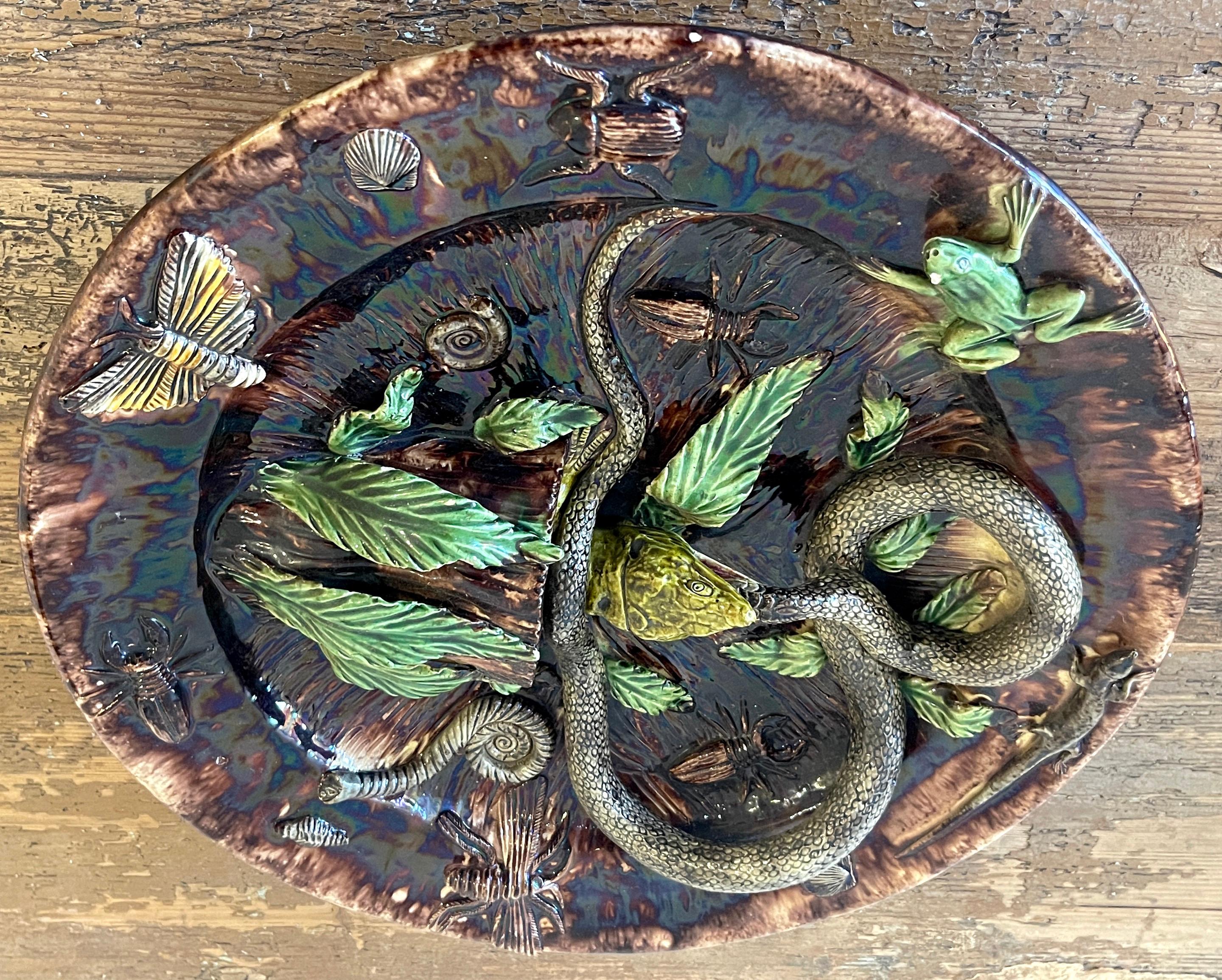 19th Century Palissy Majolica Snake & Lizard Charger 1