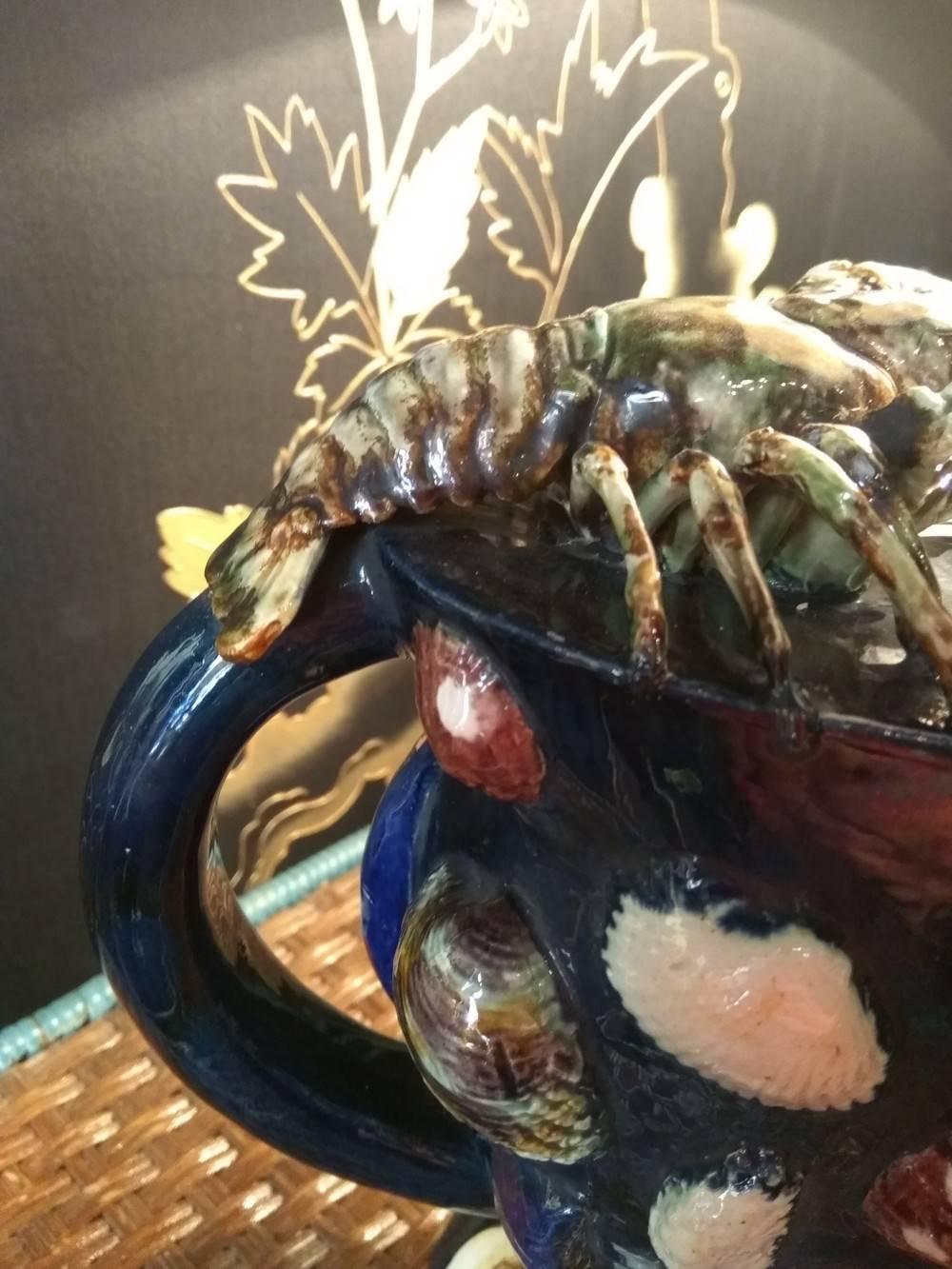 Faience 19th Century Palissy Style Ewer with Shellfishes, Thomas Victor Sergent For Sale