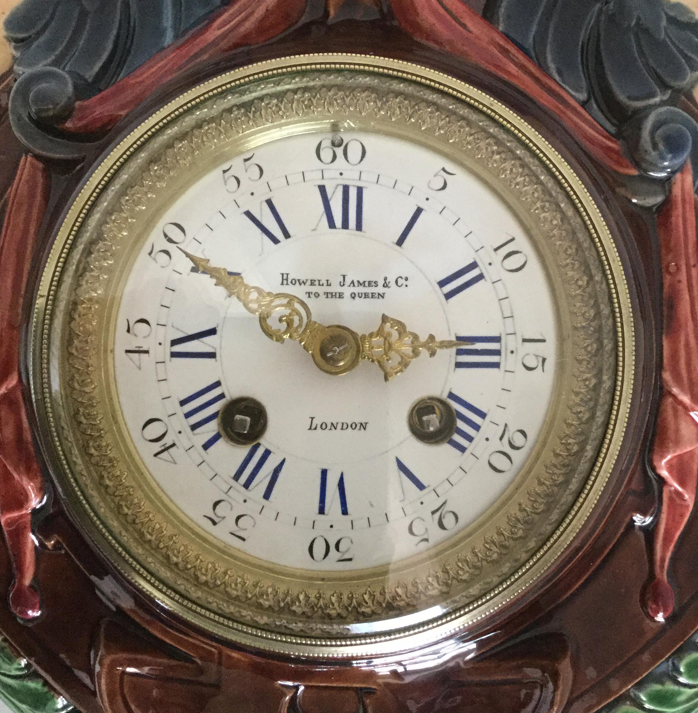 Hand-Painted Thomas Sargent Palissy Ware Majolica Wall Clock circa 1870 Japy Freres Movement