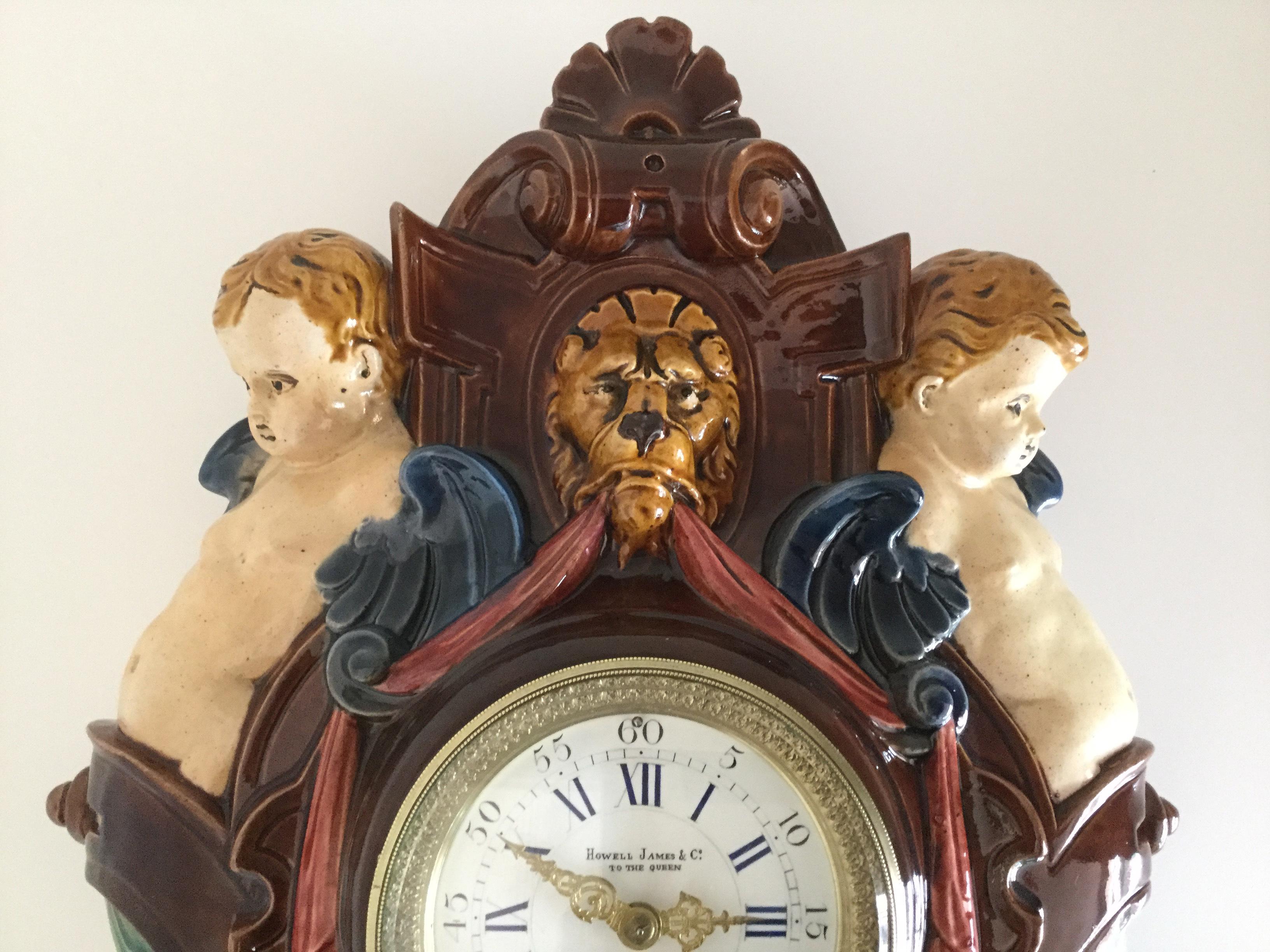 Thomas Sargent Palissy Ware Majolica Wall Clock circa 1870 Japy Freres Movement In Good Condition In Melbourne, Victoria