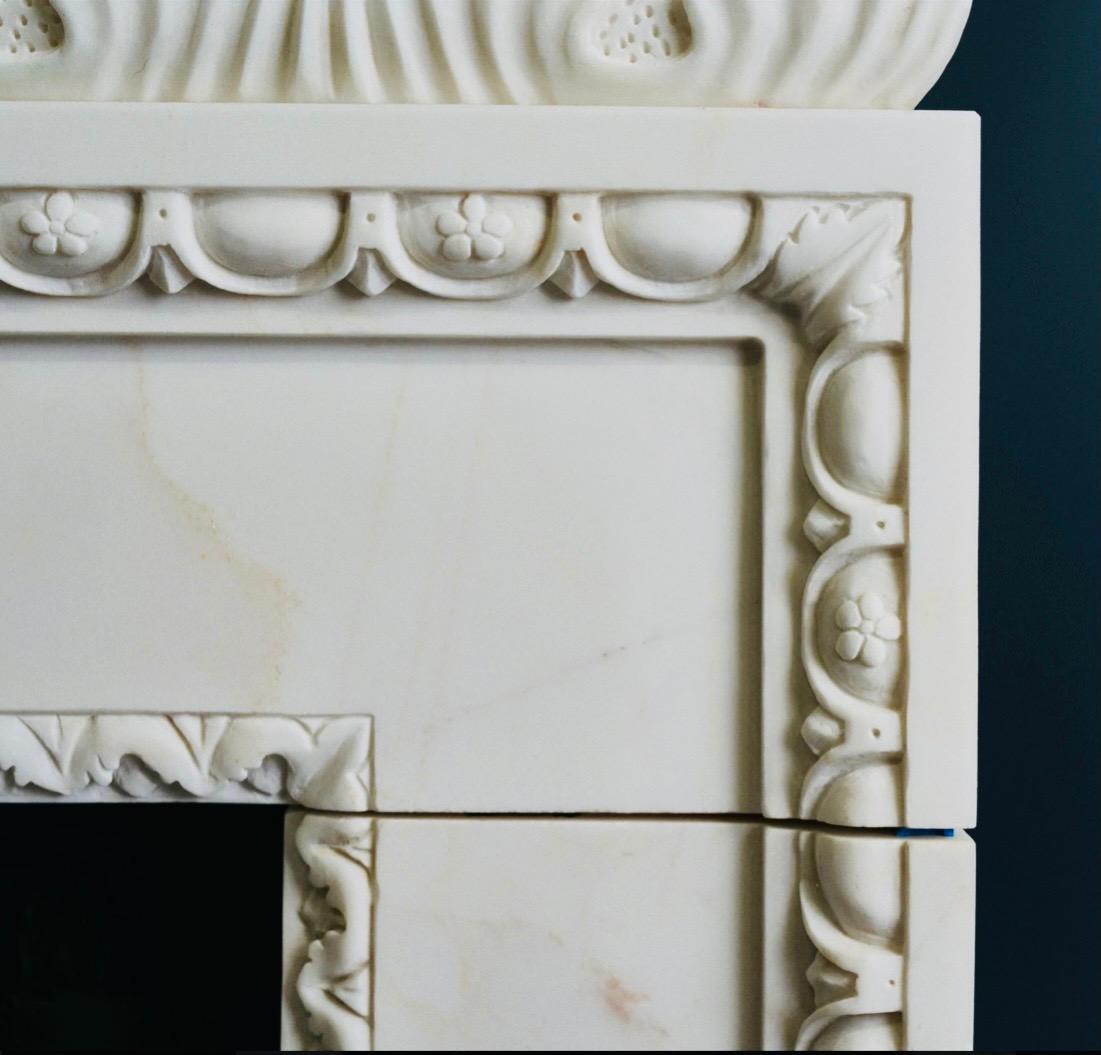 English 19th Century Palladian Style Carved Statuary Marble Fireplace Surround
