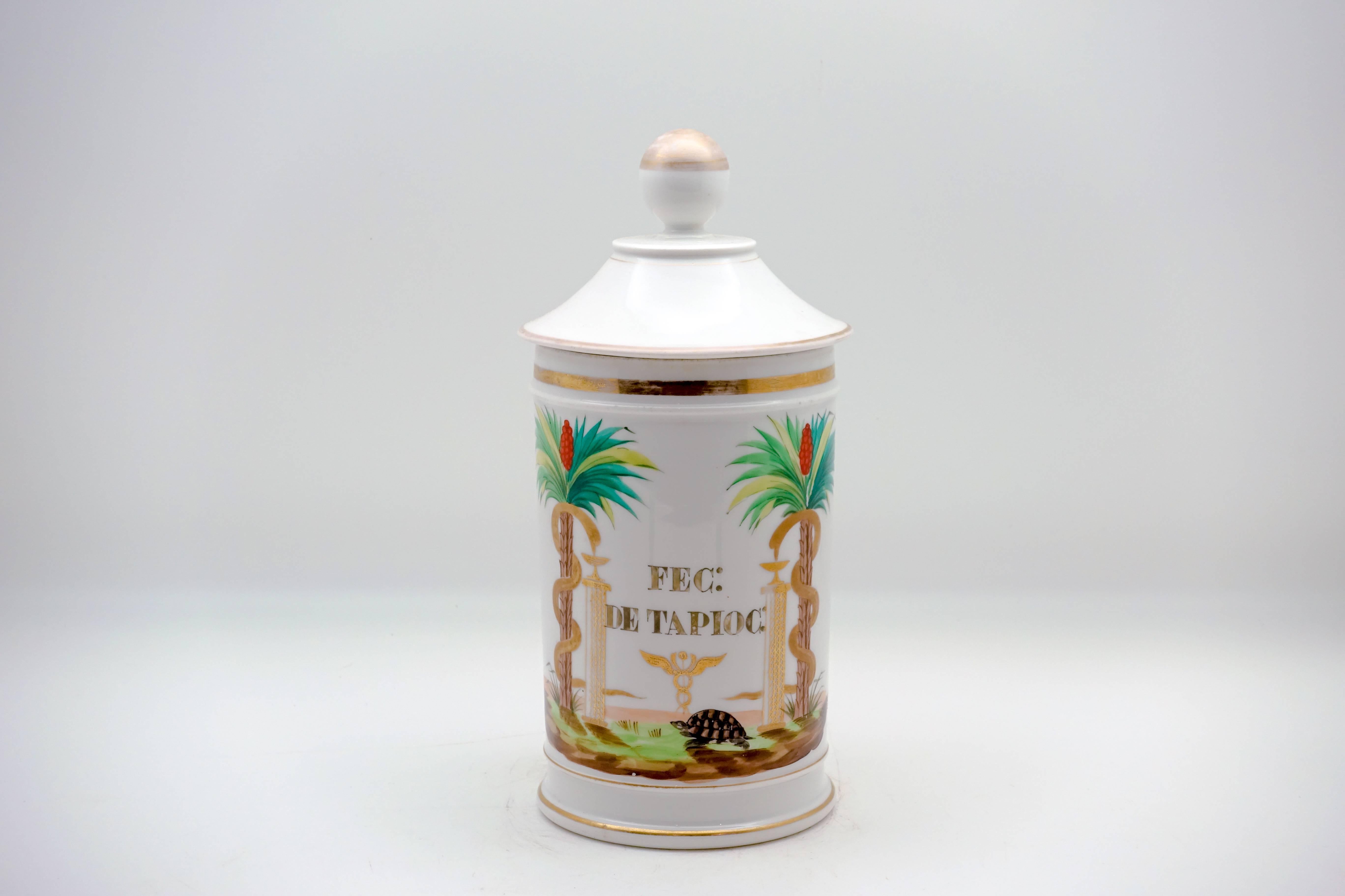 These 19th century pharmacy jars are as chic and charming as they get. 

A small tortoise is flanked by two towering palm trees alongside a column terminating in a Bowl of Hygieia. The serpent of Epidaurus is sipping from the bowl, and Hygieia was