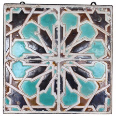 19th Century Panel of Four Glazed Ceramic Nazari Style Tiles